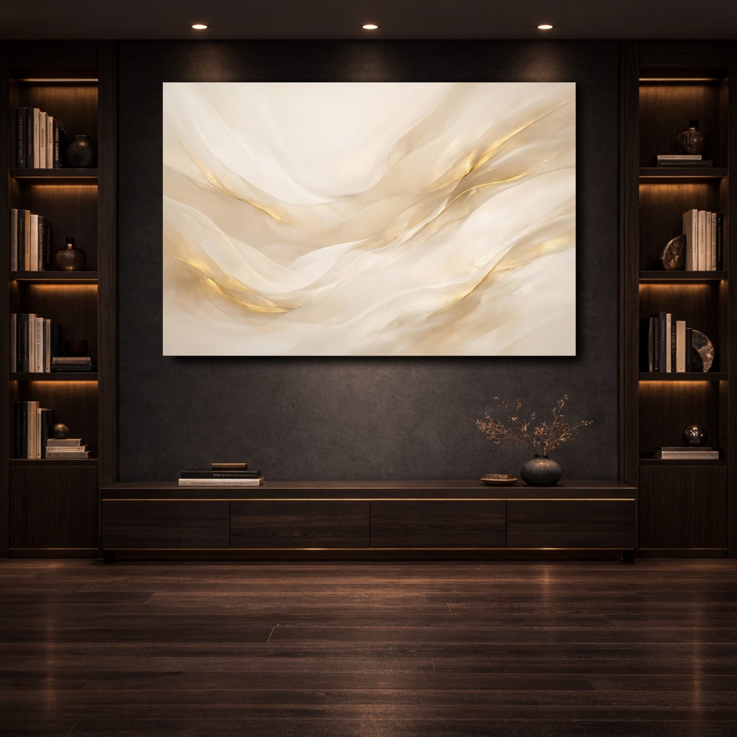 Mockup 3. Abstract Gold Waves Gold And Beige shown as stretched canvas wall art
