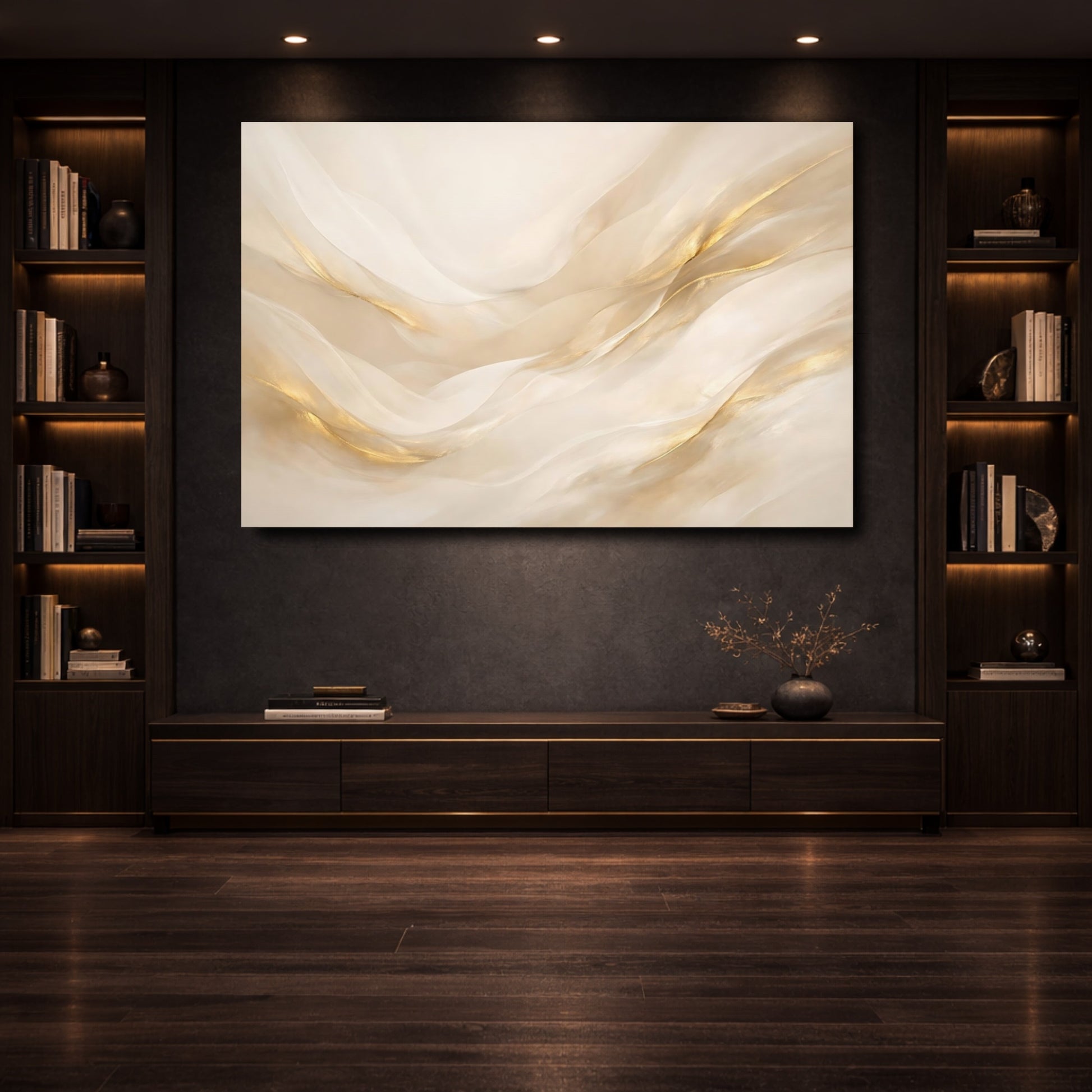 Mockup 3. Abstract Gold Waves Gold And Beige shown as stretched canvas wall art