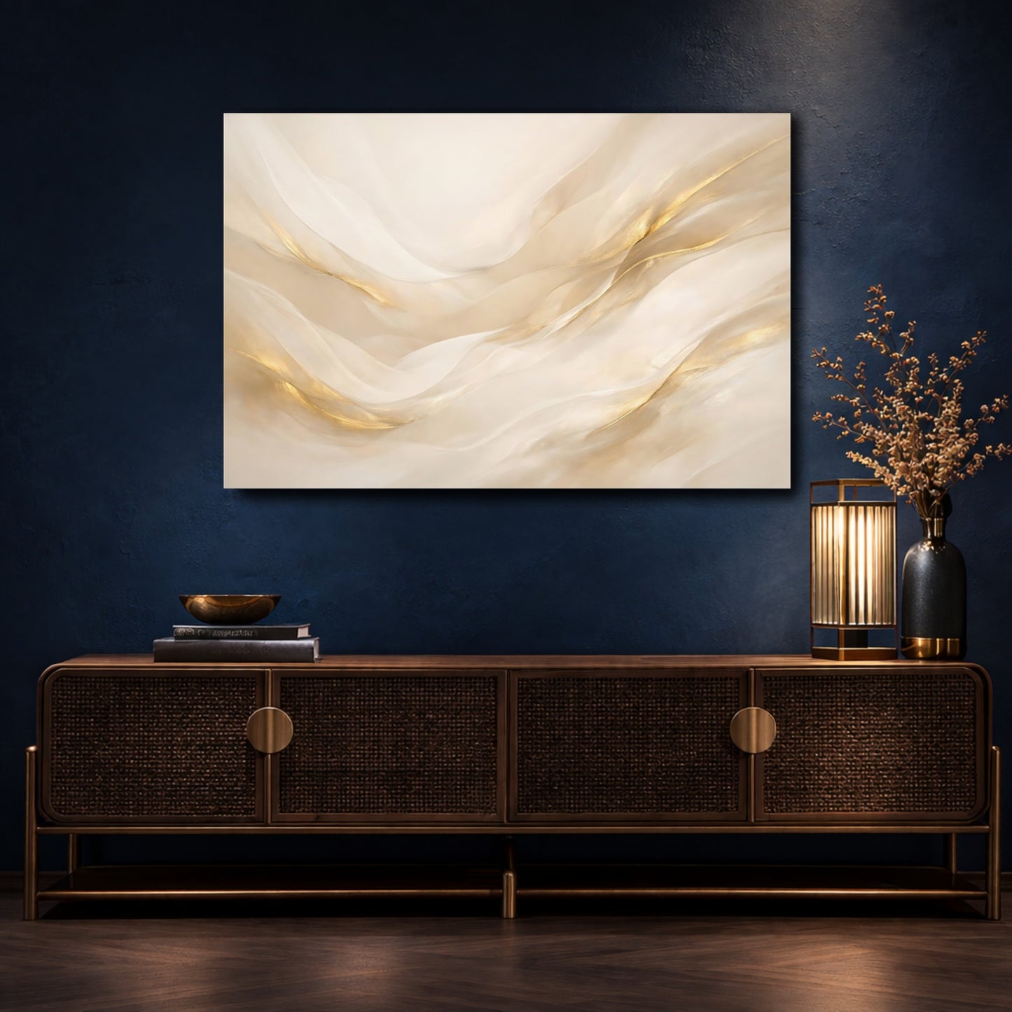 Mockup 4. Abstract Gold Waves Gold And Beige shown as stretched canvas wall art