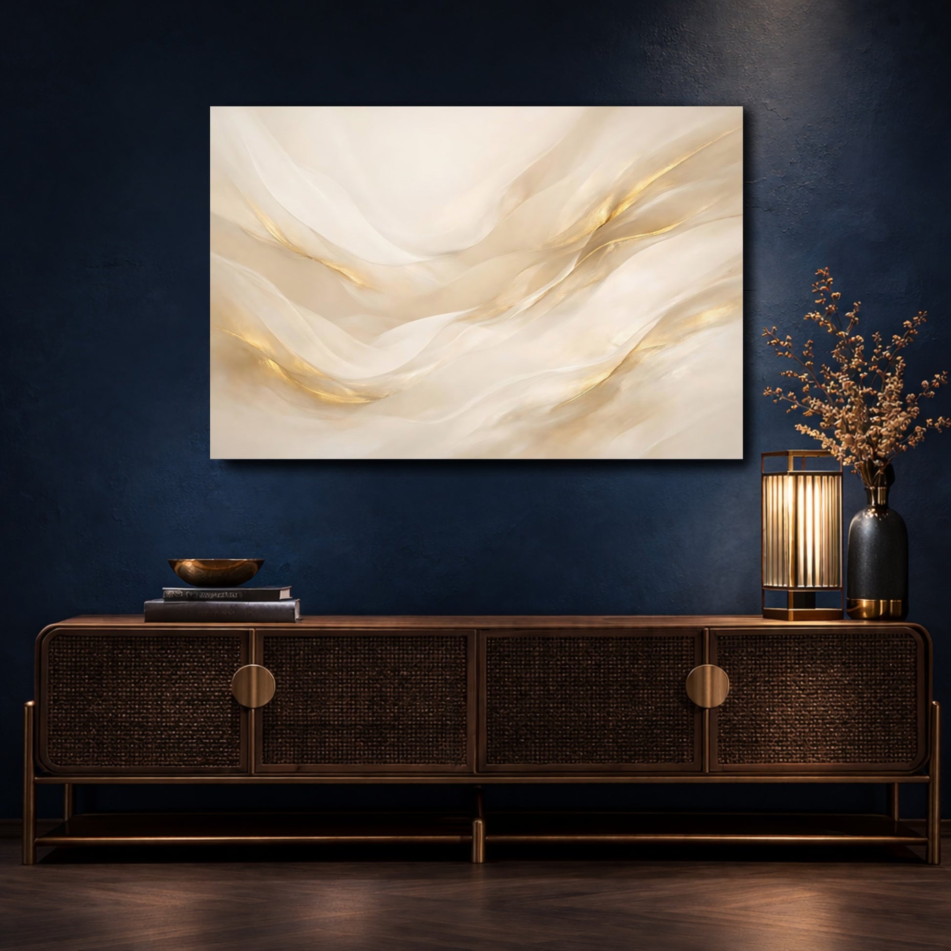 Mockup 4. Abstract Gold Waves Gold And Beige shown as stretched canvas wall art