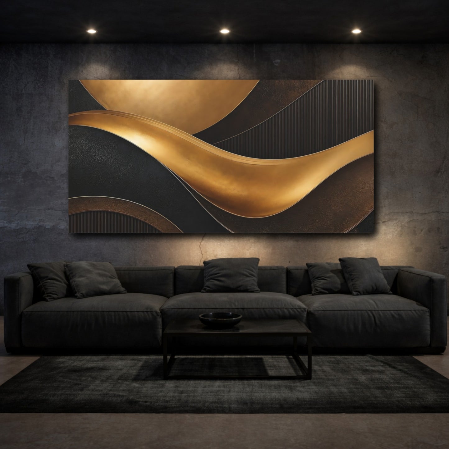 Mockup 2. Abstract Gold Waves Gold And Black Abstract shown as stretched canvas wall art