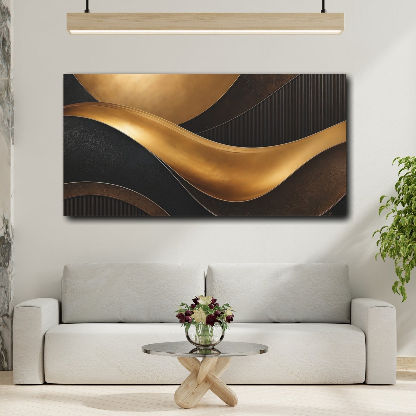Mockup 3. Abstract Gold Waves Gold And Black Abstract shown as stretched canvas wall art