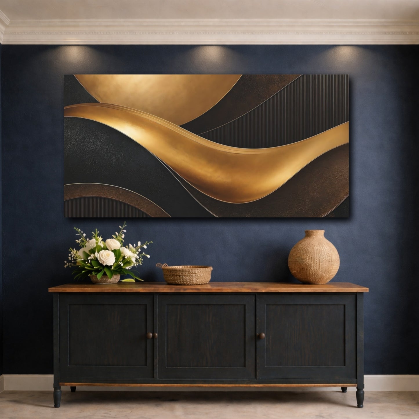 Mockup 4. Abstract Gold Waves Gold And Black Abstract shown as stretched canvas wall art