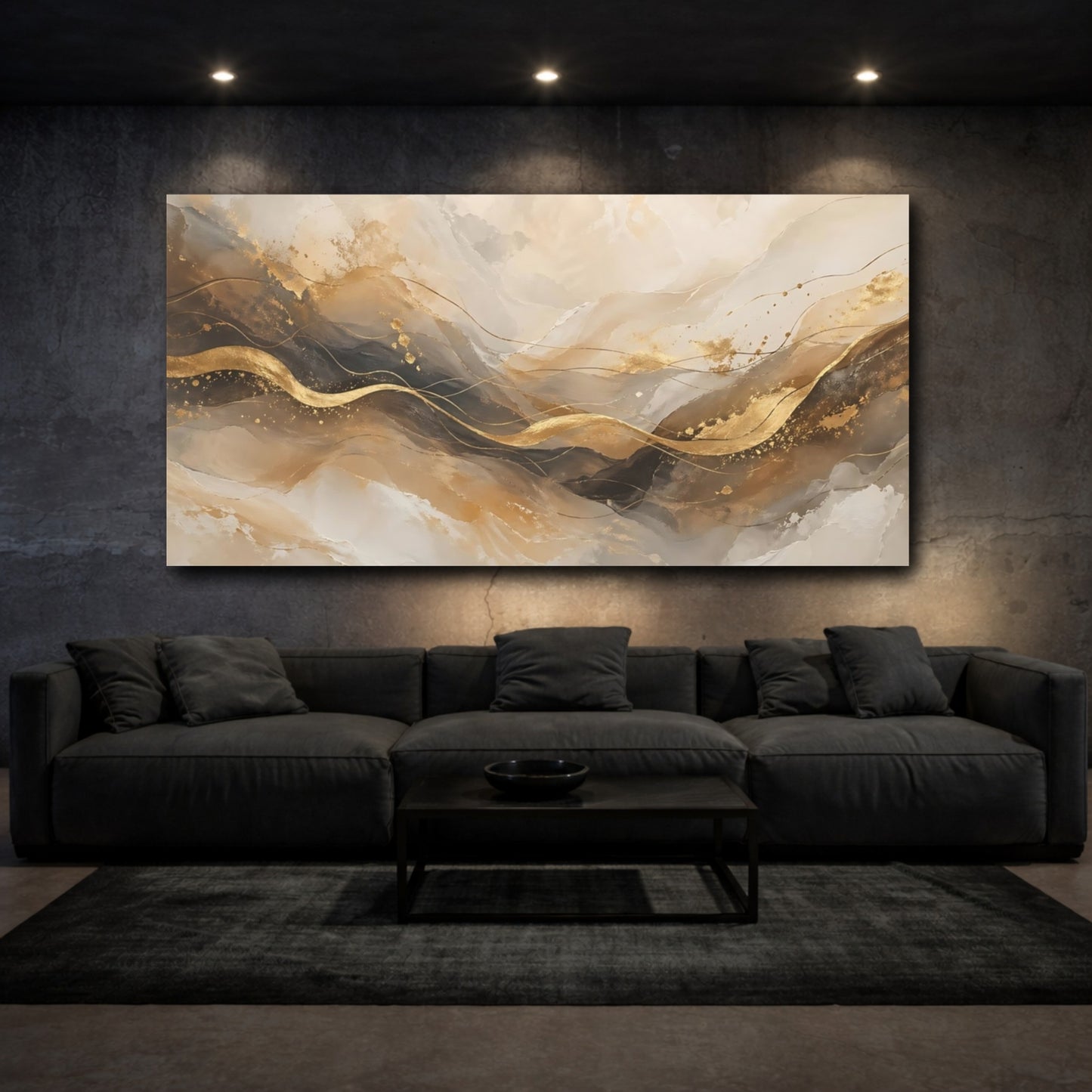 Mockup 2. Abstract Gold Waves Gold And Gray Abstract shown as stretched canvas wall art