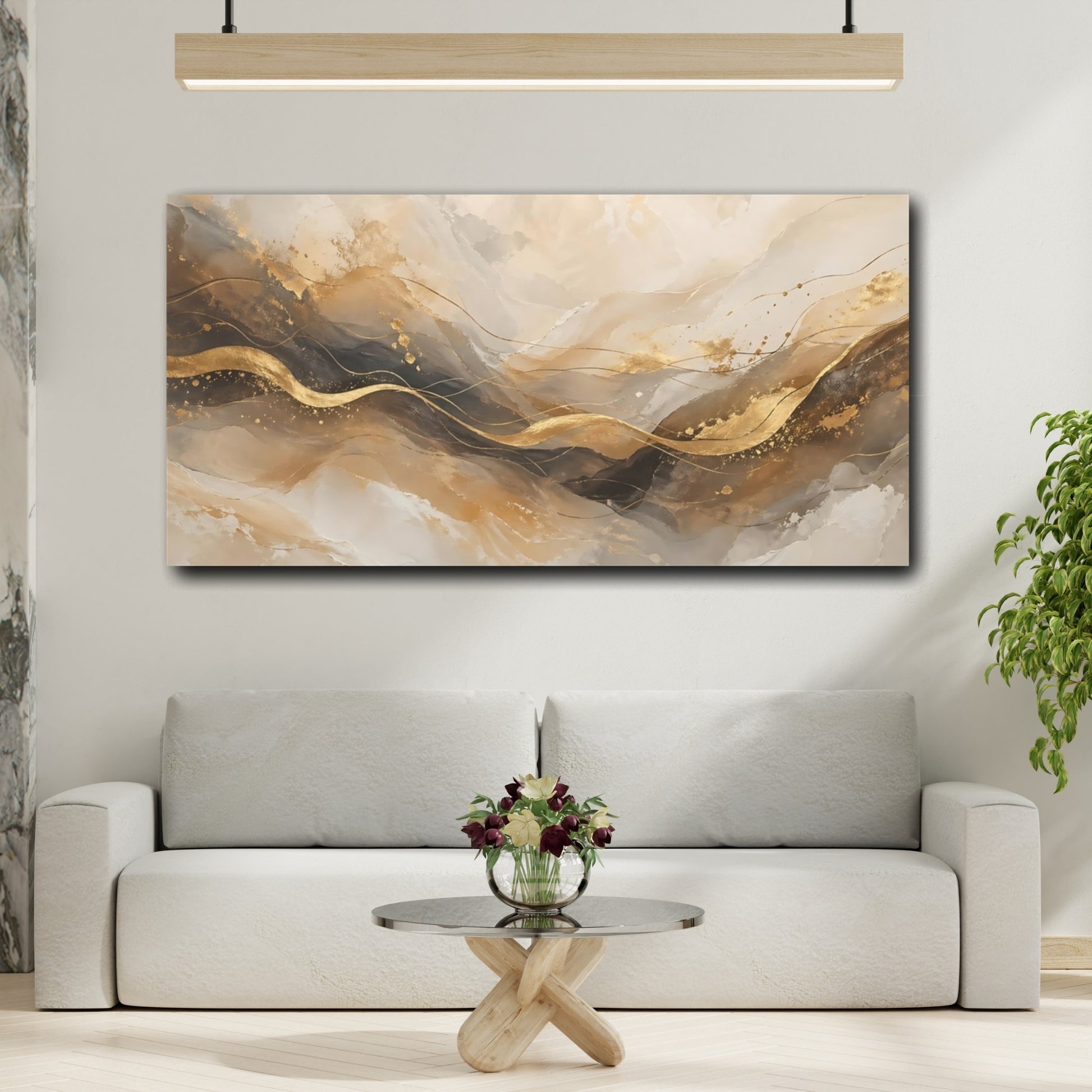 Mockup 3. Abstract Gold Waves Gold And Gray Abstract shown as stretched canvas wall art