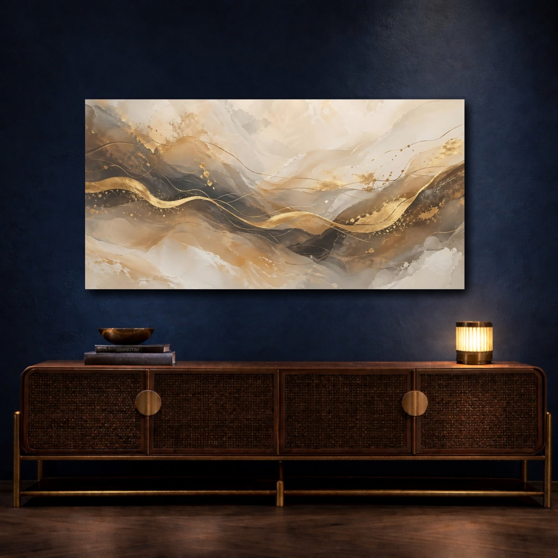 Mockup 4. Abstract Gold Waves Gold And Gray Abstract shown as stretched canvas wall art