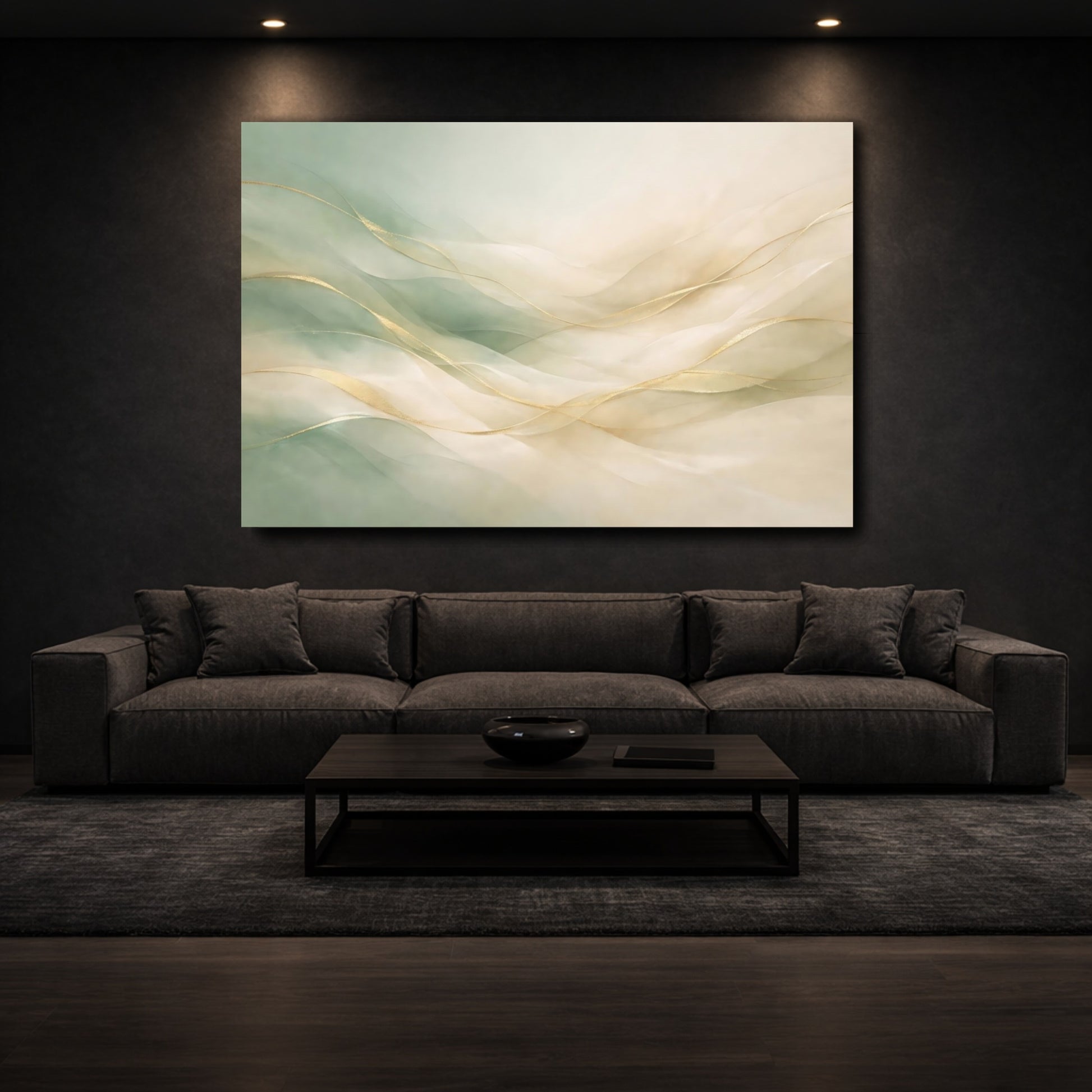 Mockup 2. Abstract Gold Waves Gold And Green Abstract shown as stretched canvas wall art