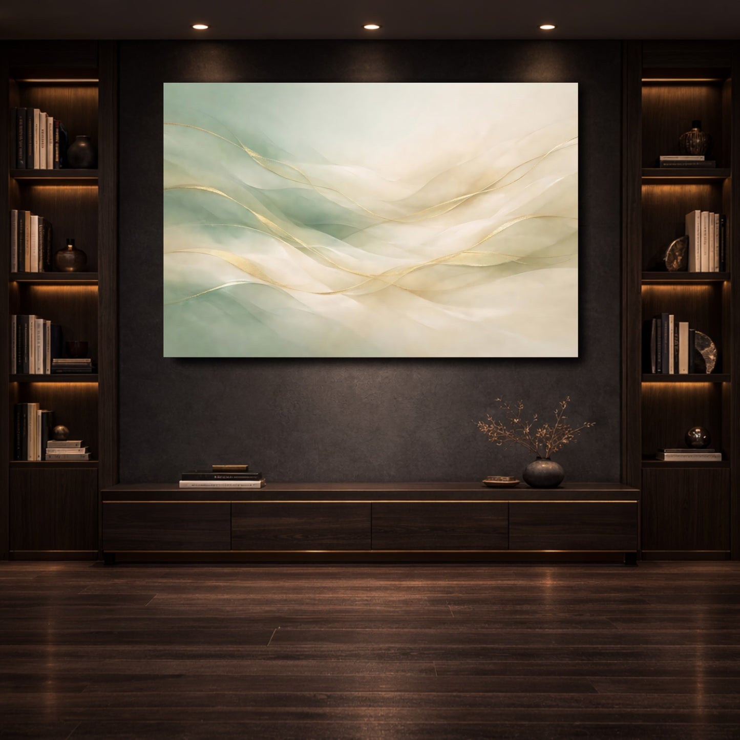 Mockup 3. Abstract Gold Waves Gold And Green Abstract shown as stretched canvas wall art
