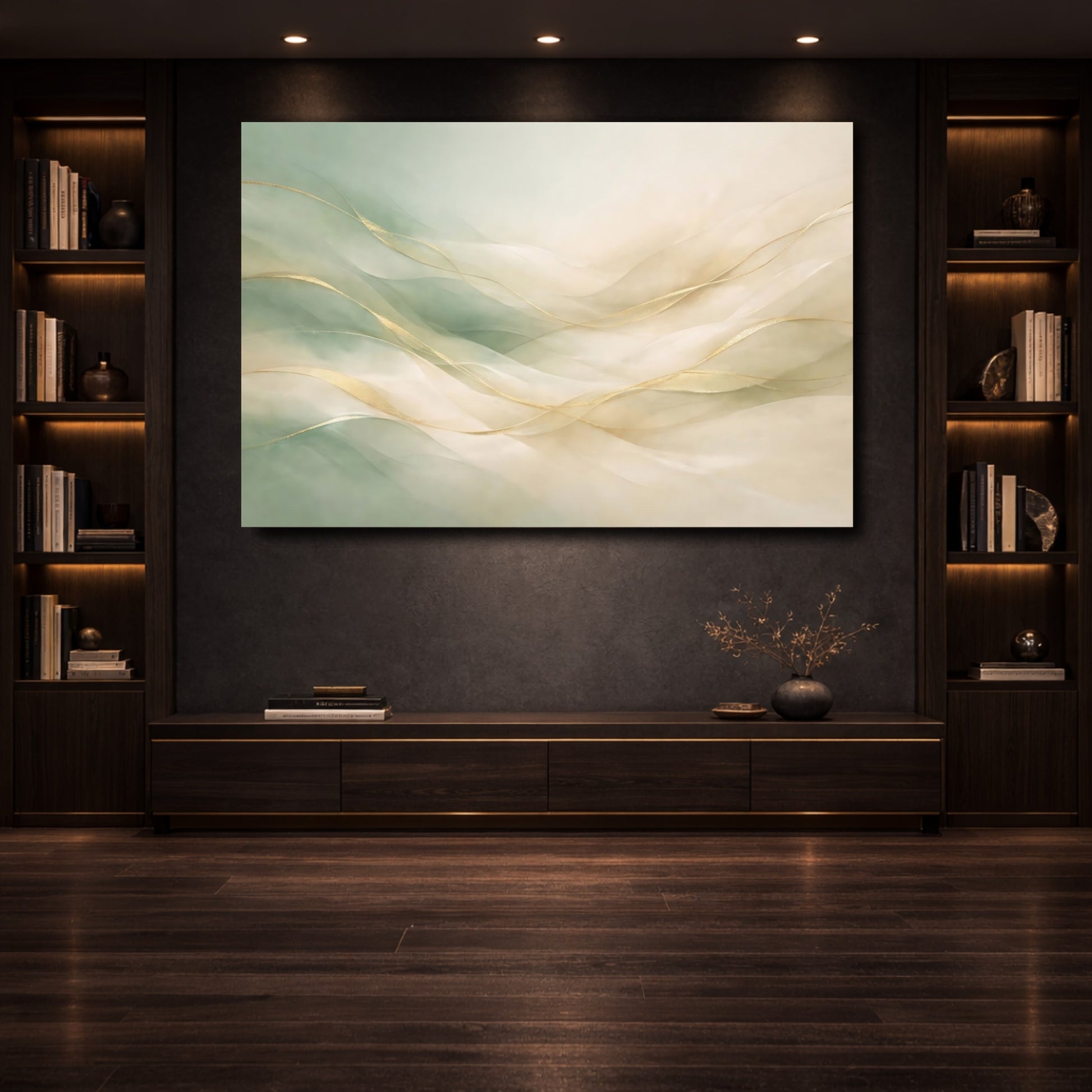 Mockup 3. Abstract Gold Waves Gold And Green Abstract shown as stretched canvas wall art