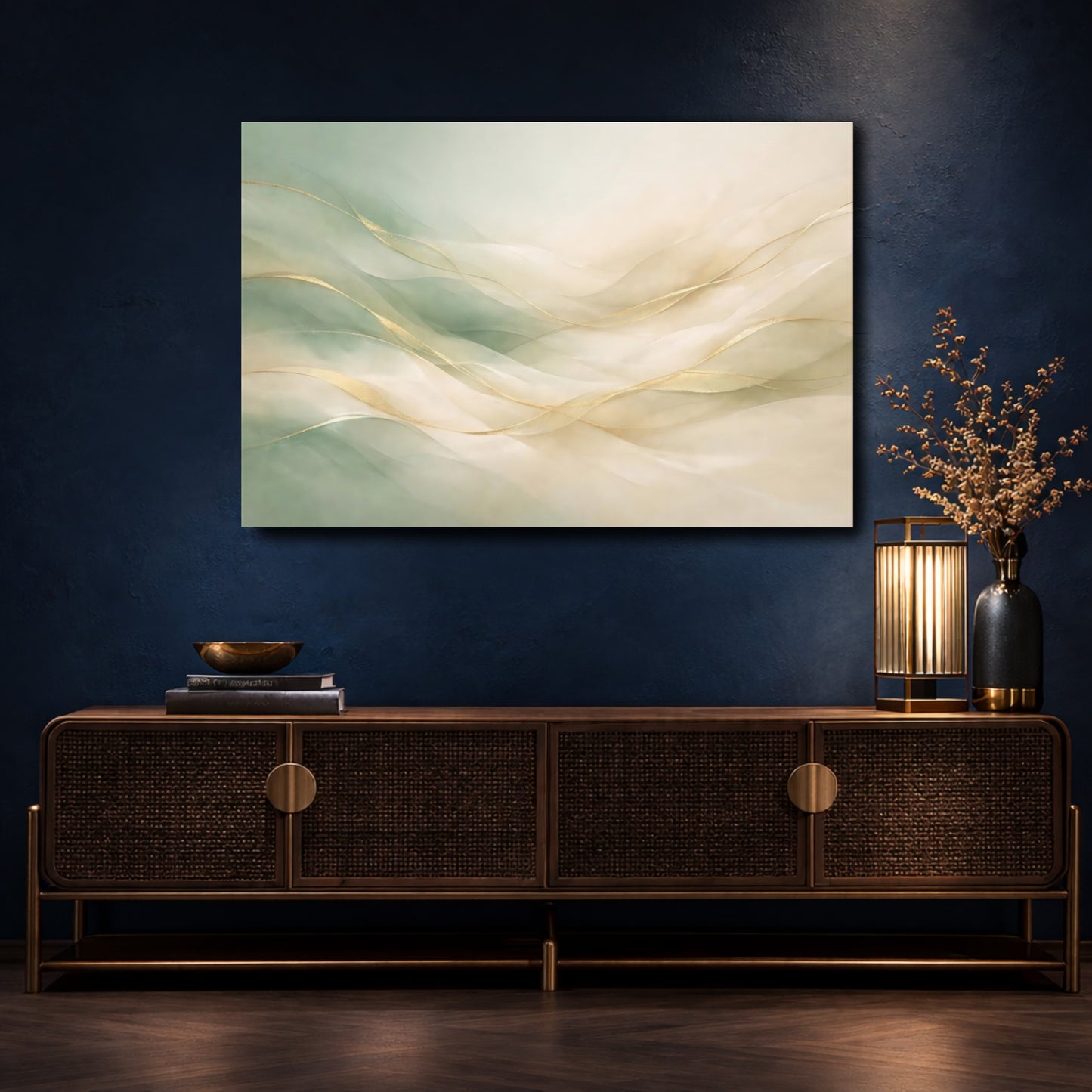Mockup 4. Abstract Gold Waves Gold And Green Abstract shown as stretched canvas wall art