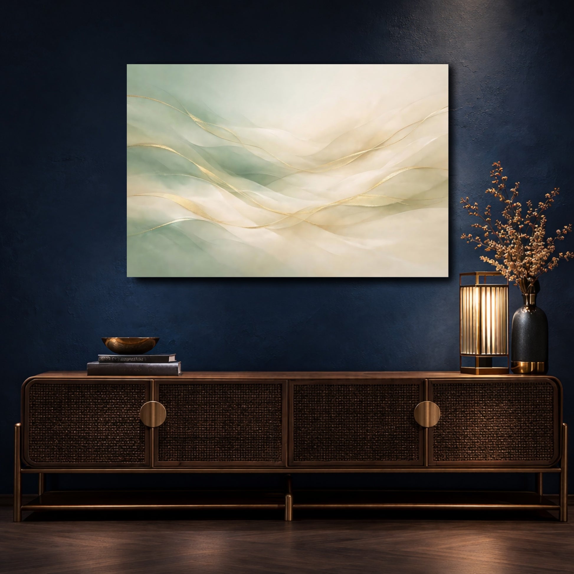 Mockup 4. Abstract Gold Waves Gold And Green Abstract shown as stretched canvas wall art