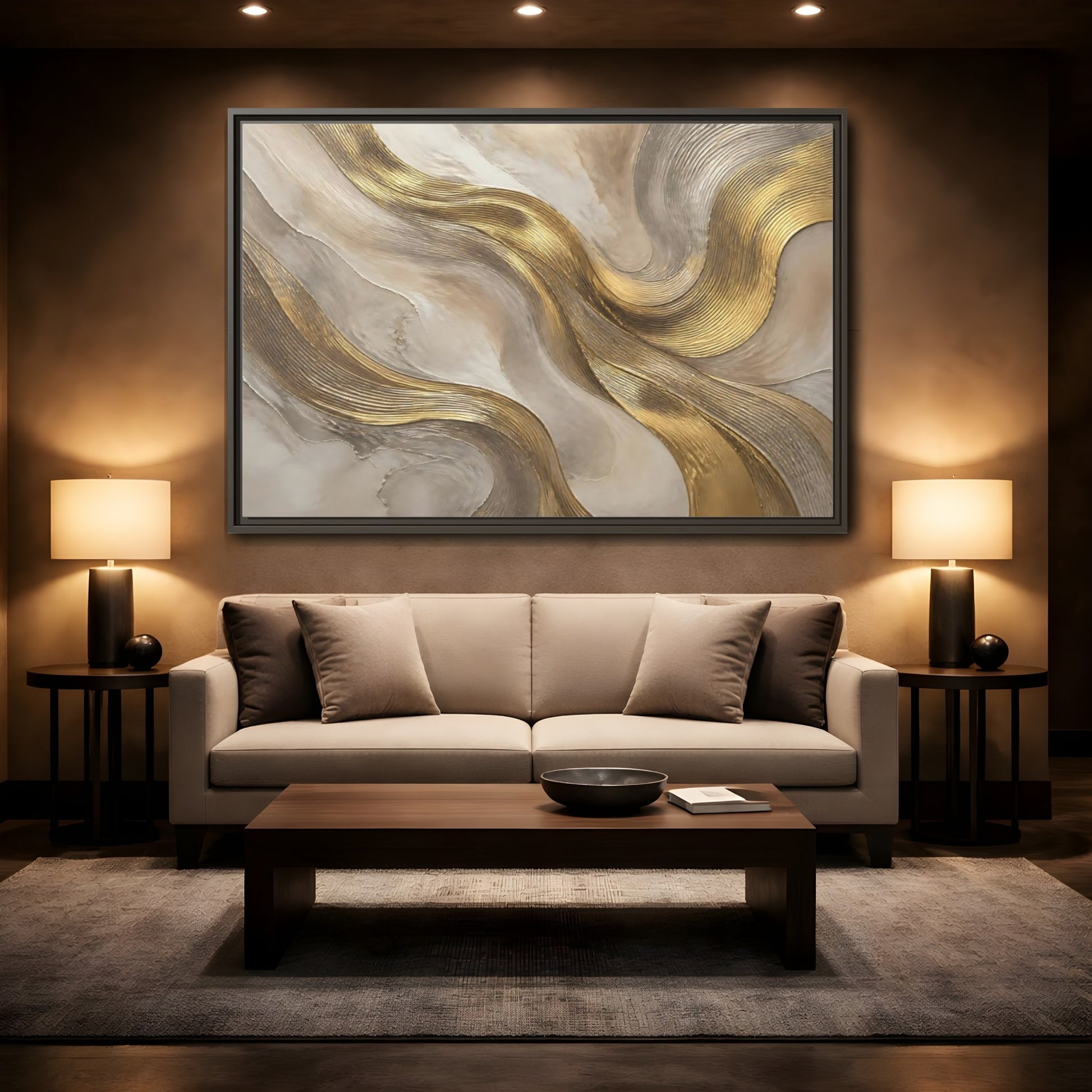Mockup 2. Abstract Gold Waves shown as framed canvas print