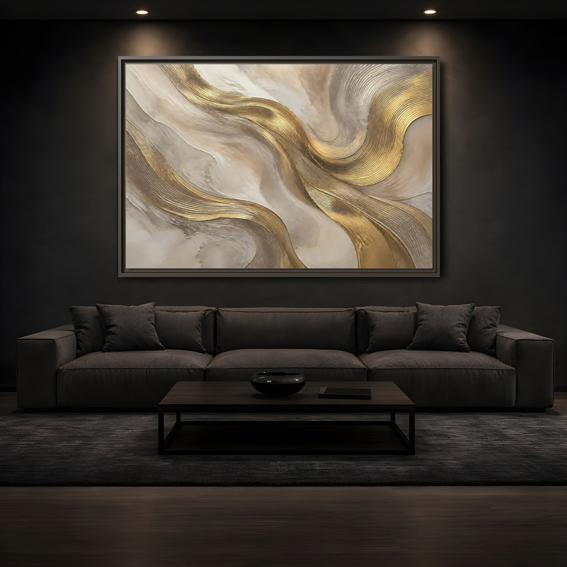 Mockup 3. Abstract Gold Waves shown as framed canvas print