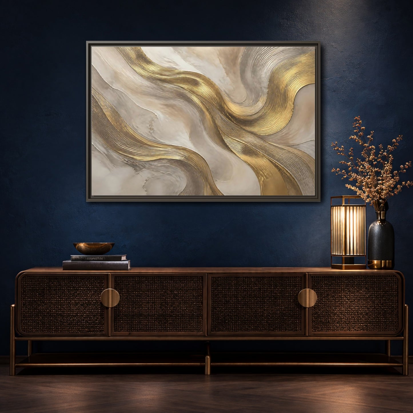 Mockup 4. Abstract Gold Waves shown as framed canvas print