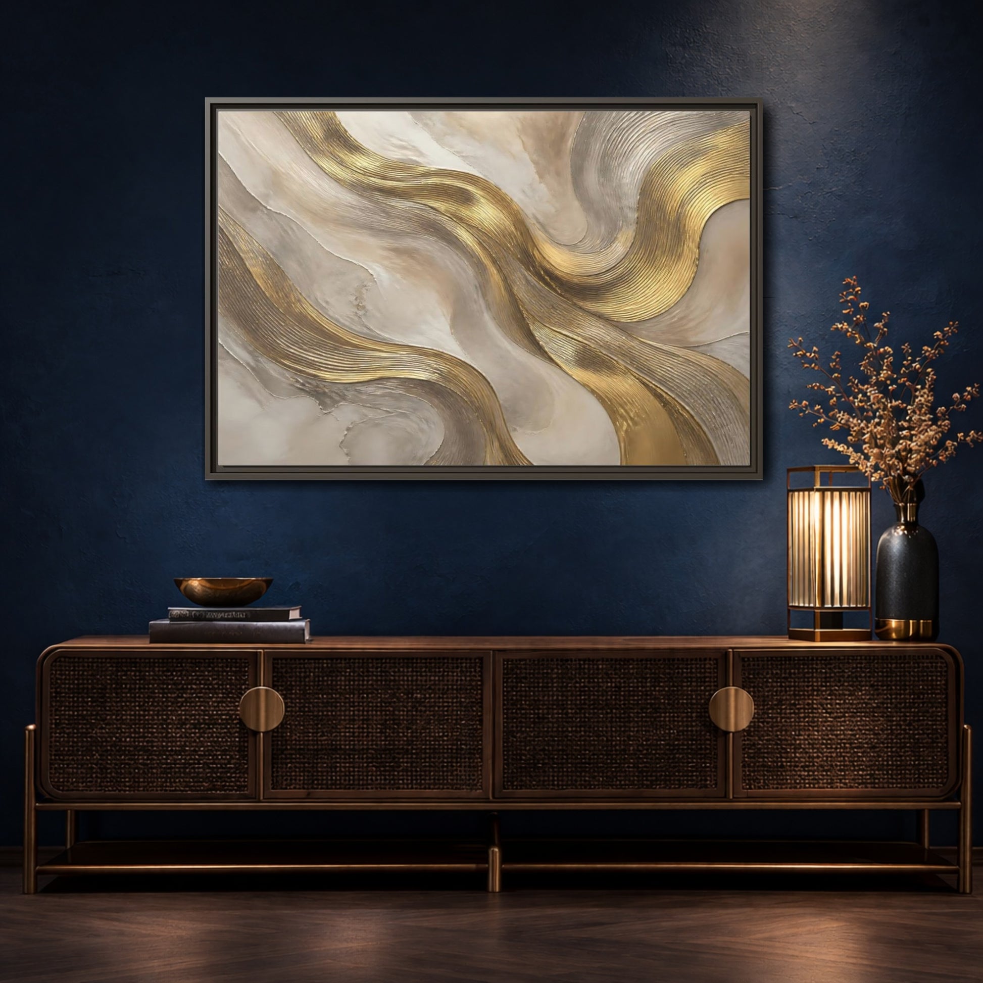 Mockup 4. Abstract Gold Waves shown as framed canvas print
