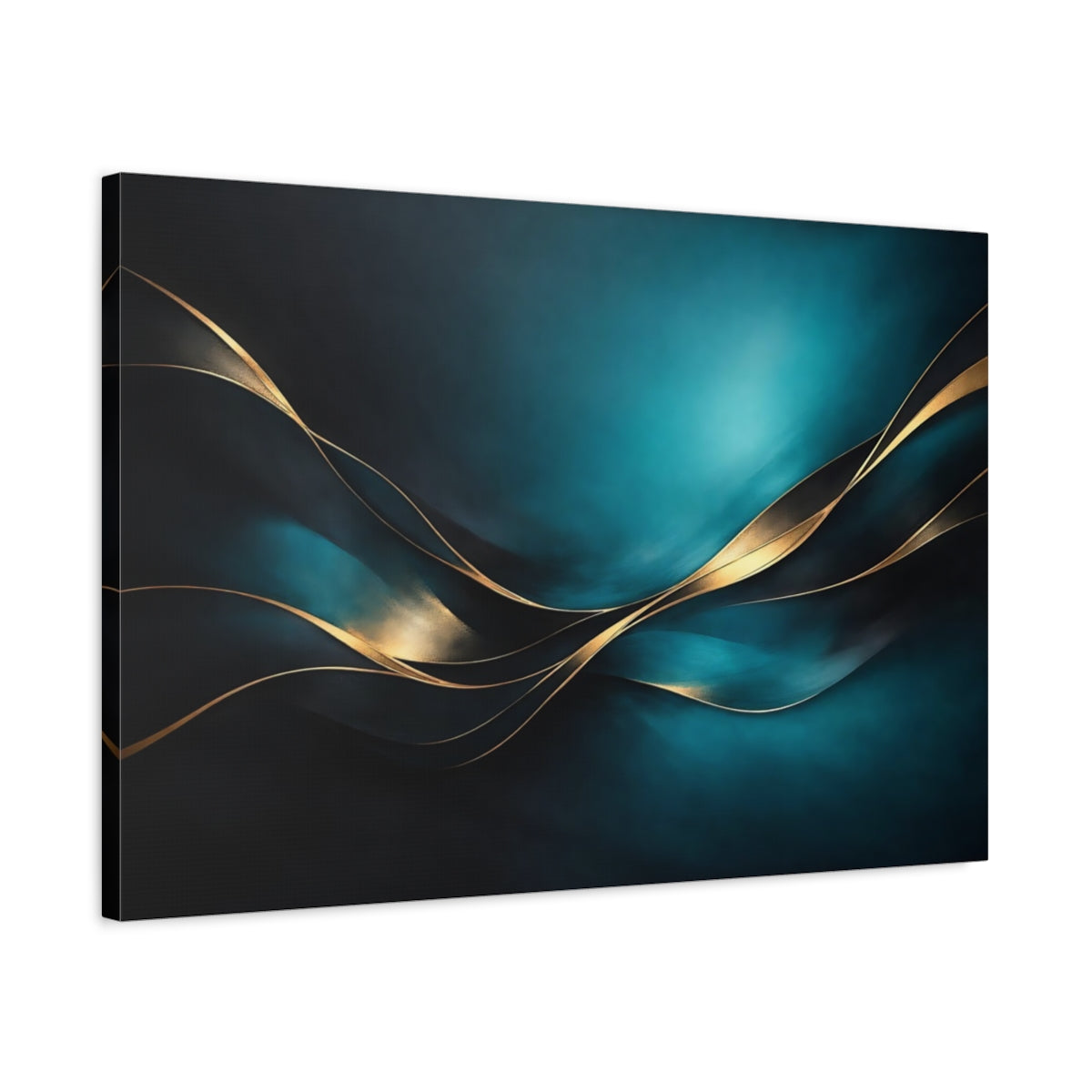 Side Mockup 2. Abstract Gold Waves Teal Gold Abstract shown as stretched canvas wall art