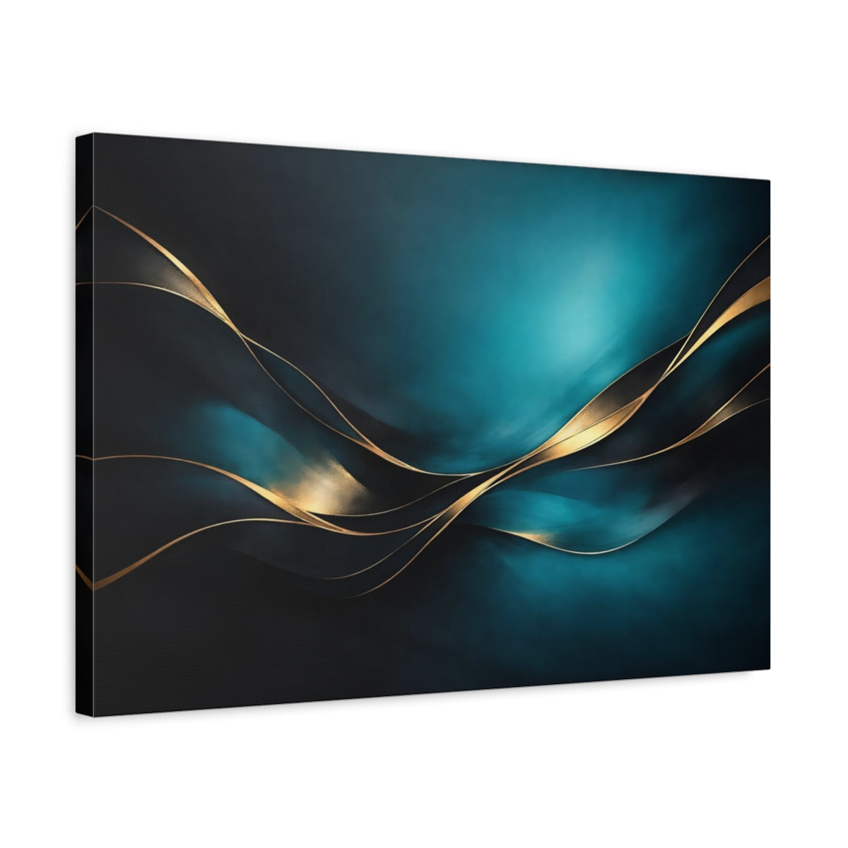 Side Mockup 3. Abstract Gold Waves Teal Gold Abstract shown as stretched canvas wall art