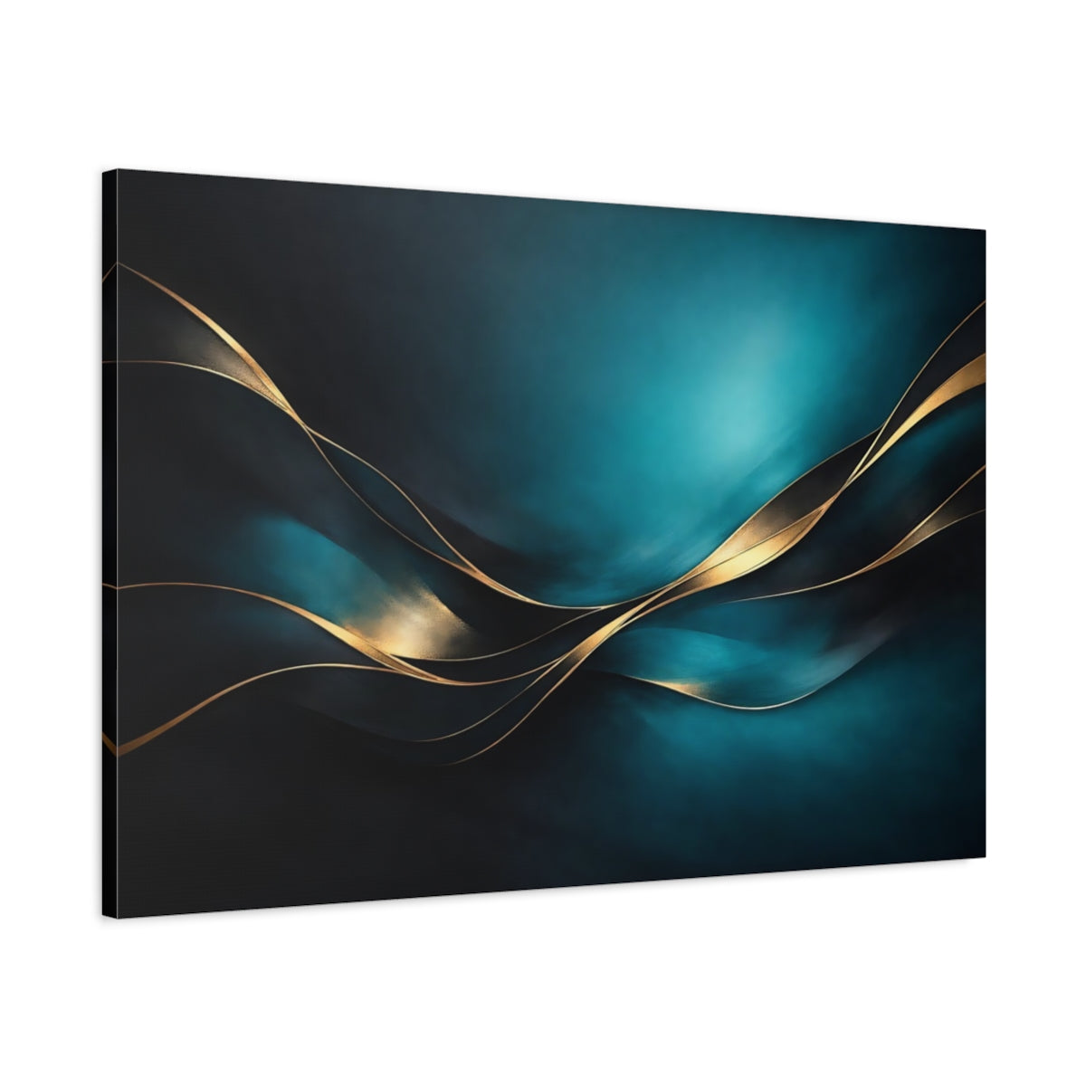 Side Mockup 1. Abstract Gold Waves Teal Gold Abstract shown as stretched canvas wall art