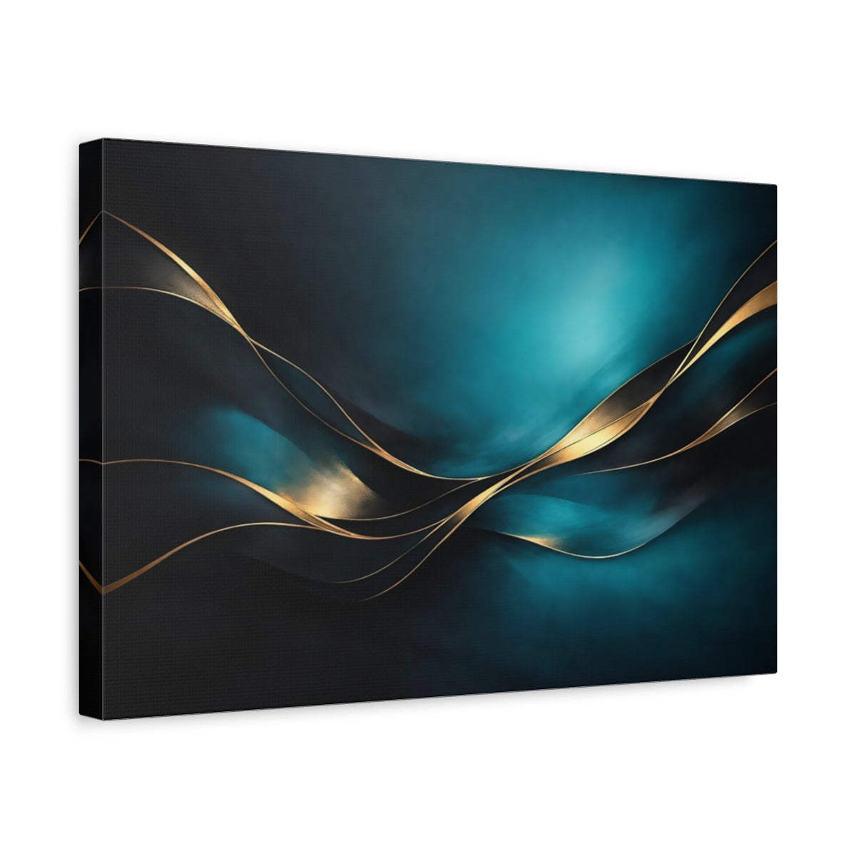 Side Mockup 4. Abstract Gold Waves Teal Gold Abstract shown as stretched canvas wall art