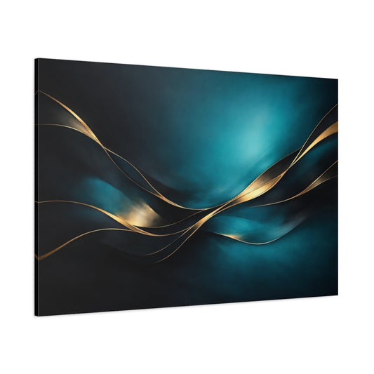 Main Mockup. Abstract Gold Waves Teal Gold Abstract shown as stretched canvas wall art