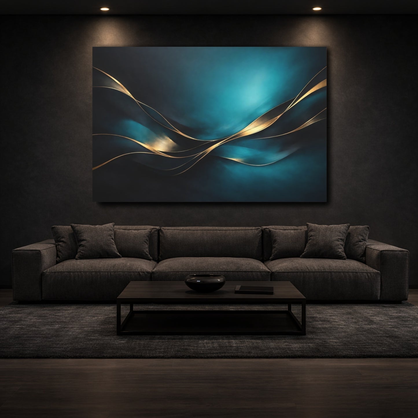 Mockup 2. Abstract Gold Waves Teal Gold Abstract shown as stretched canvas wall art