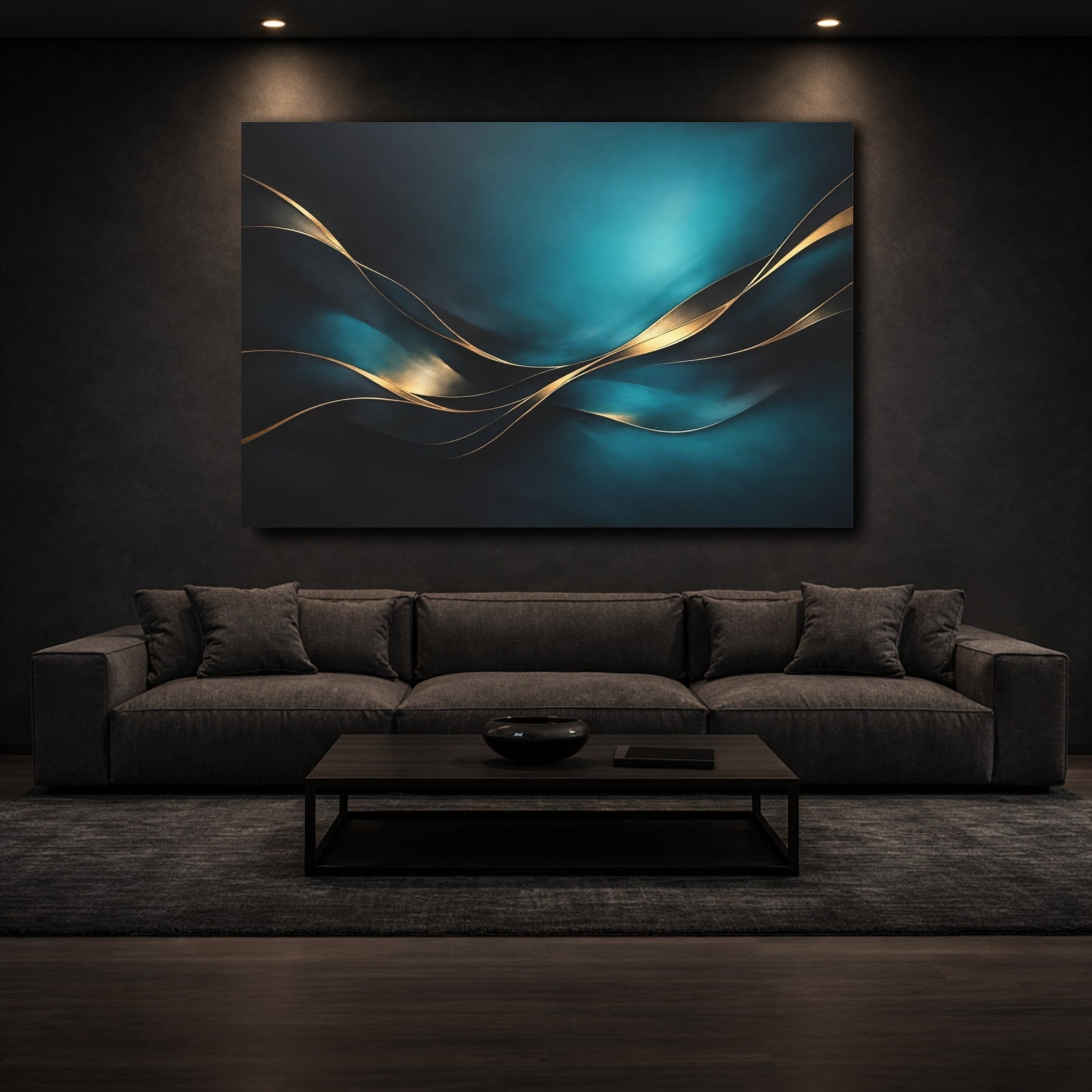 Mockup 2. Abstract Gold Waves Teal Gold Abstract shown as stretched canvas wall art
