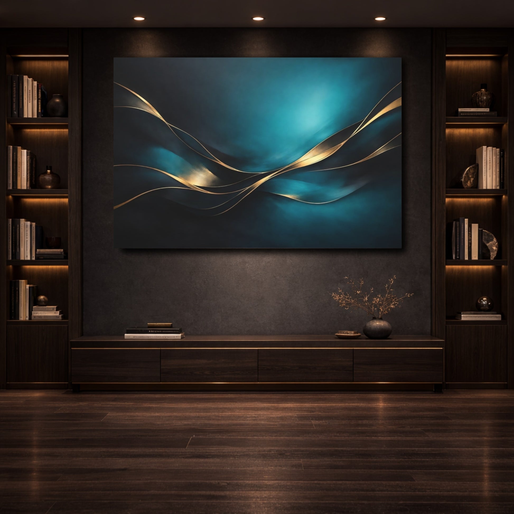 Mockup 3. Abstract Gold Waves Teal Gold Abstract shown as stretched canvas wall art