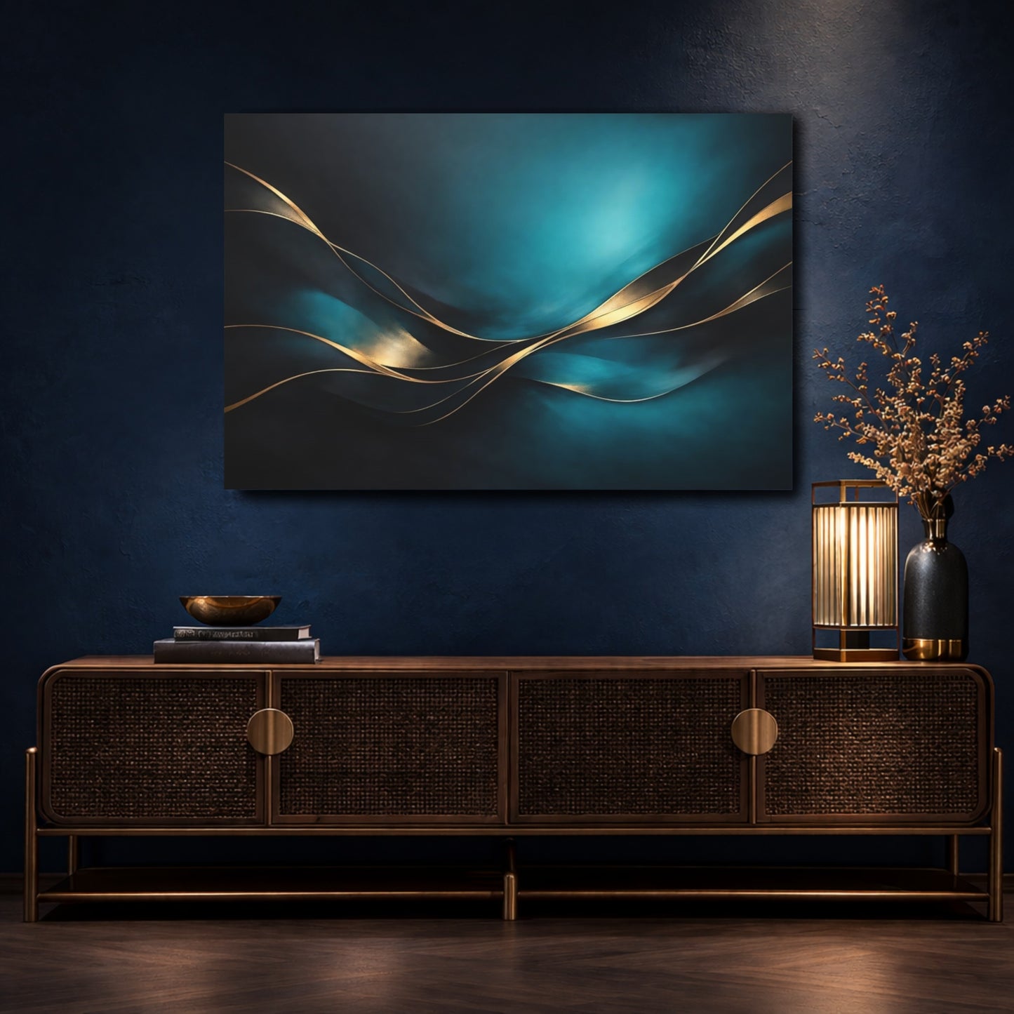 Mockup 4. Abstract Gold Waves Teal Gold Abstract shown as stretched canvas wall art
