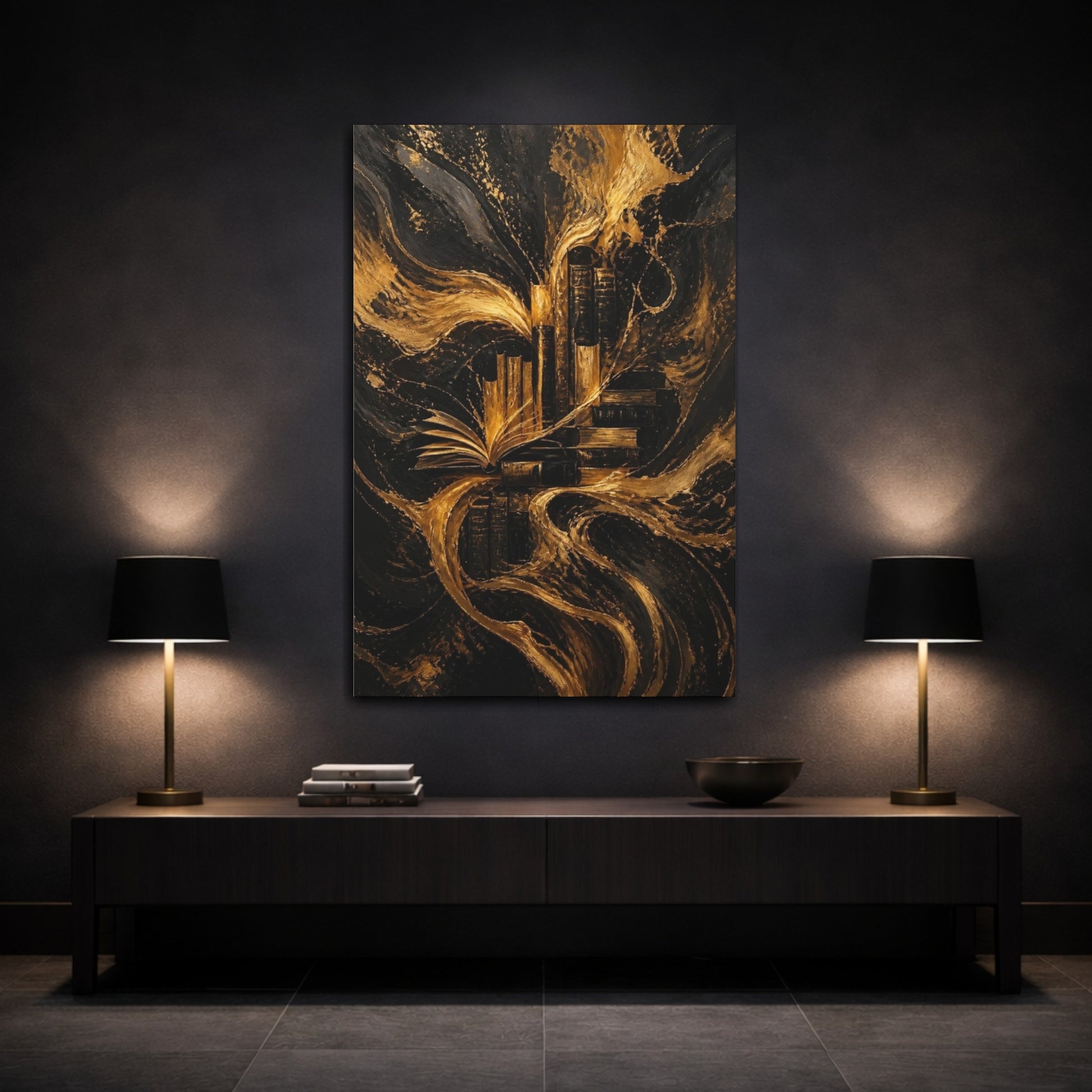 Mockup 3. Abstract Golden Books shown as canvas print