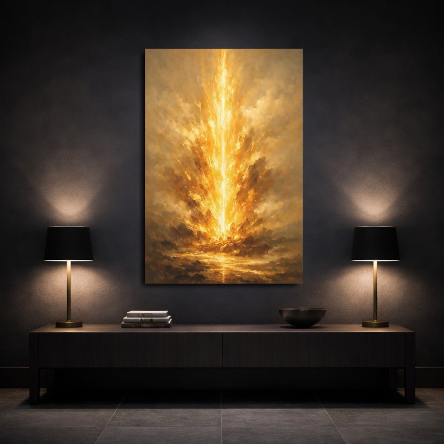 Mockup 2. Abstract Golden Burst Golden Burst shown as stretched canvas wall art