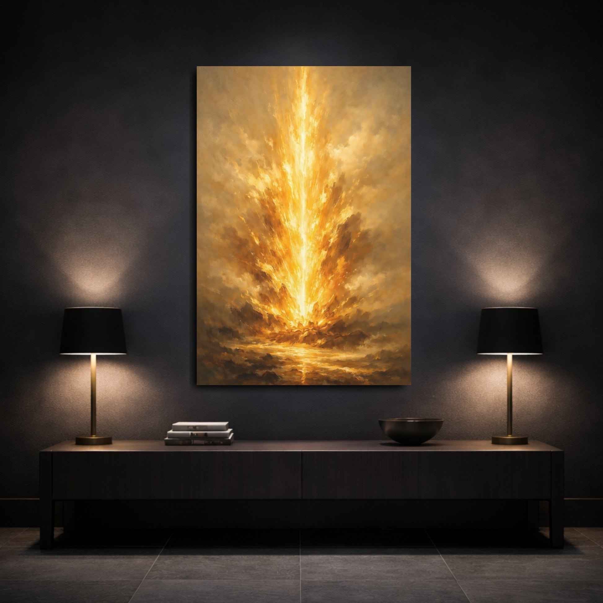Mockup 2. Abstract Golden Burst Golden Burst shown as stretched canvas wall art