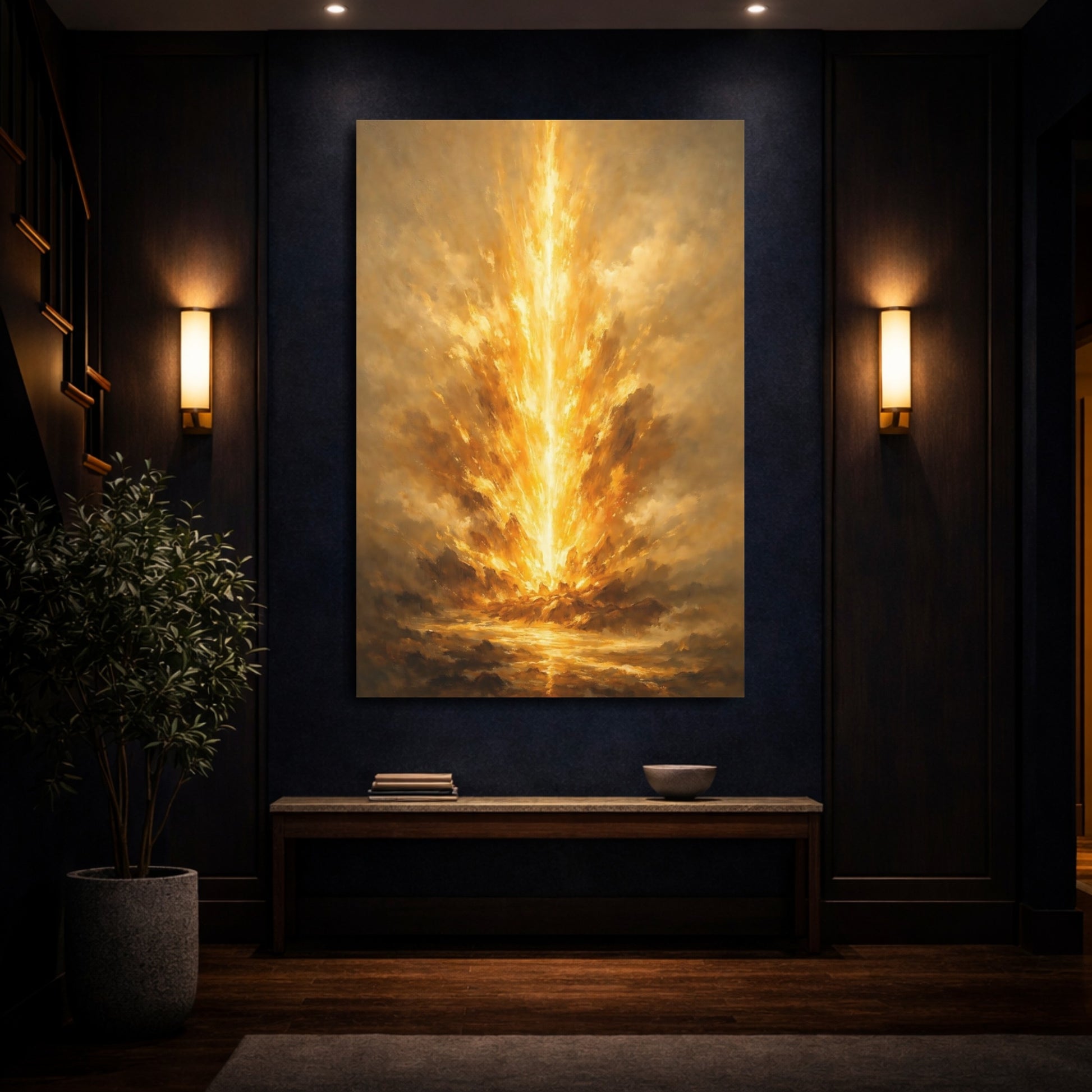 Mockup 3. Abstract Golden Burst Golden Burst shown as stretched canvas wall art