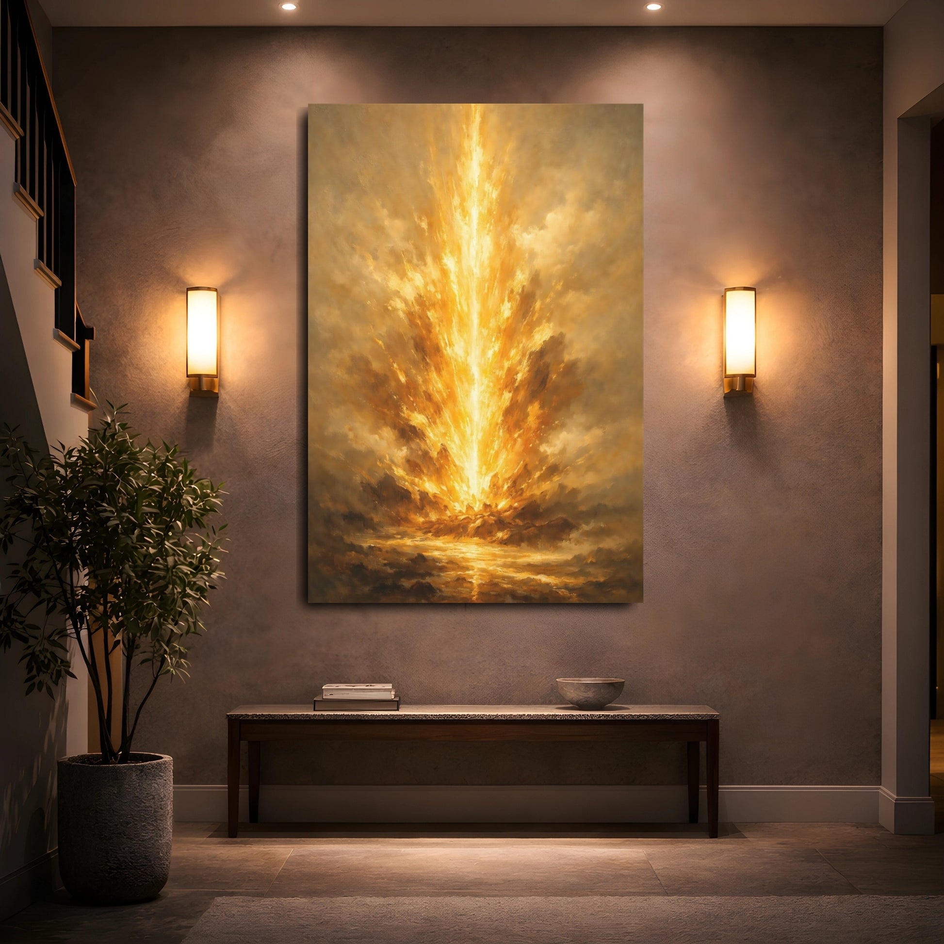 Mockup 4. Abstract Golden Burst Golden Burst shown as stretched canvas wall art