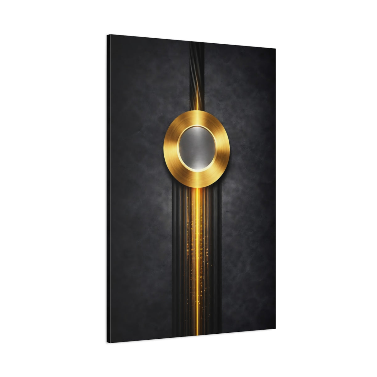 Main Mockup. Abstract Golden Circle Black And Gold shown as stretched canvas wall art