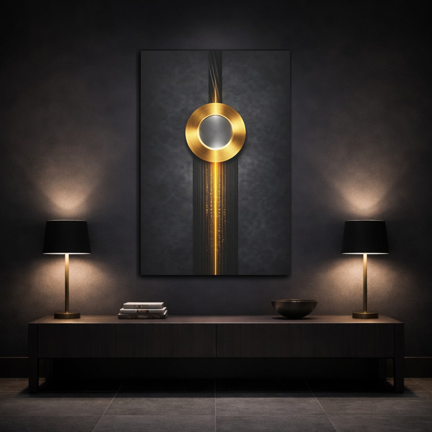 Mockup 2. Abstract Golden Circle Black And Gold shown as stretched canvas wall art