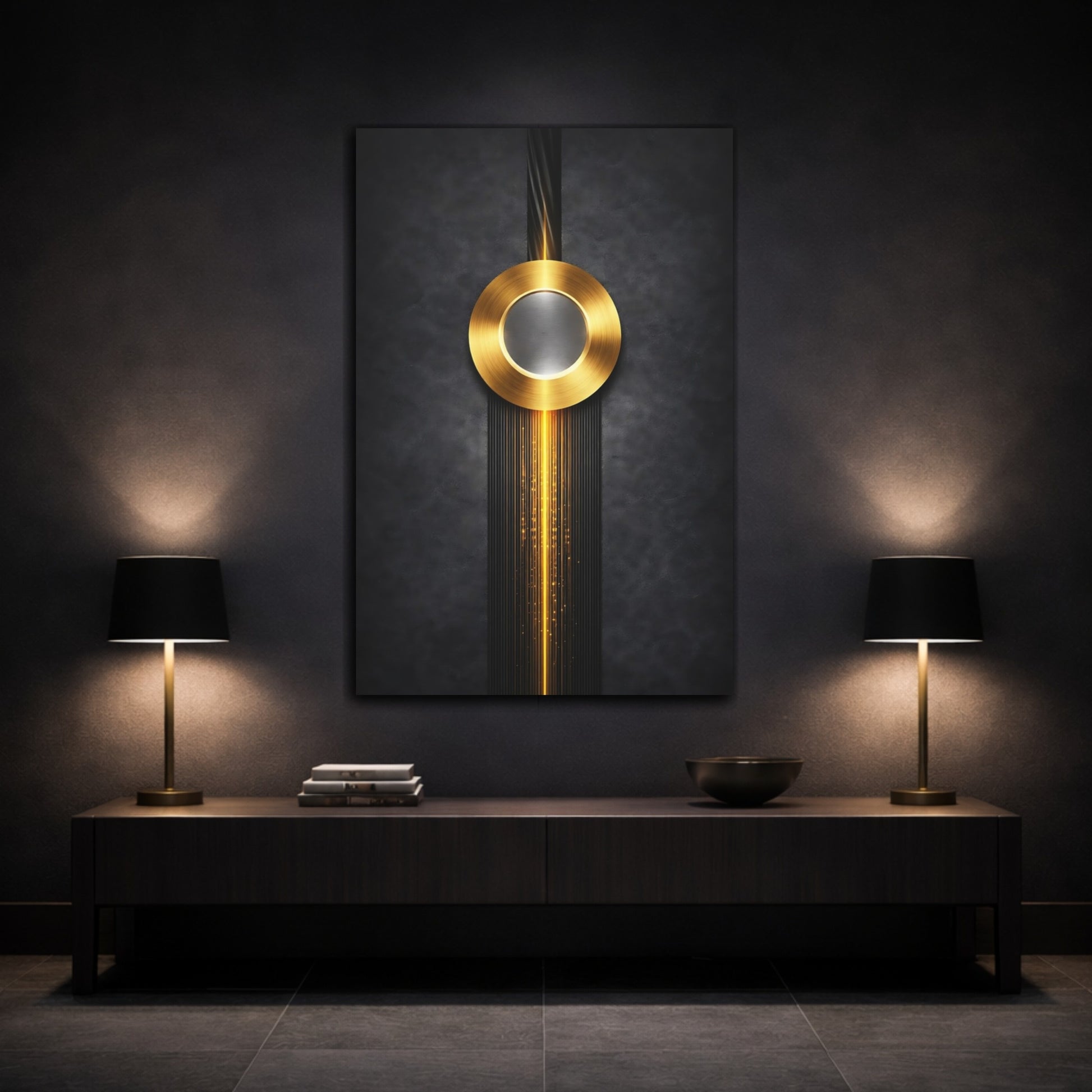 Mockup 2. Abstract Golden Circle Black And Gold shown as stretched canvas wall art