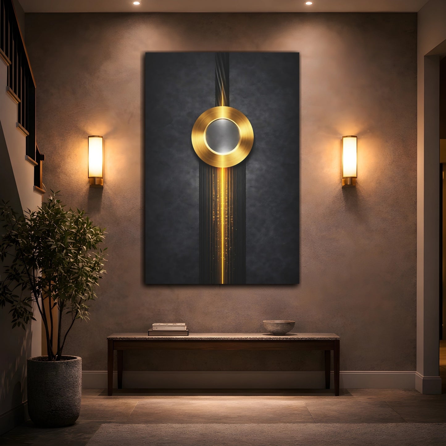 Mockup 3. Abstract Golden Circle Black And Gold shown as stretched canvas wall art