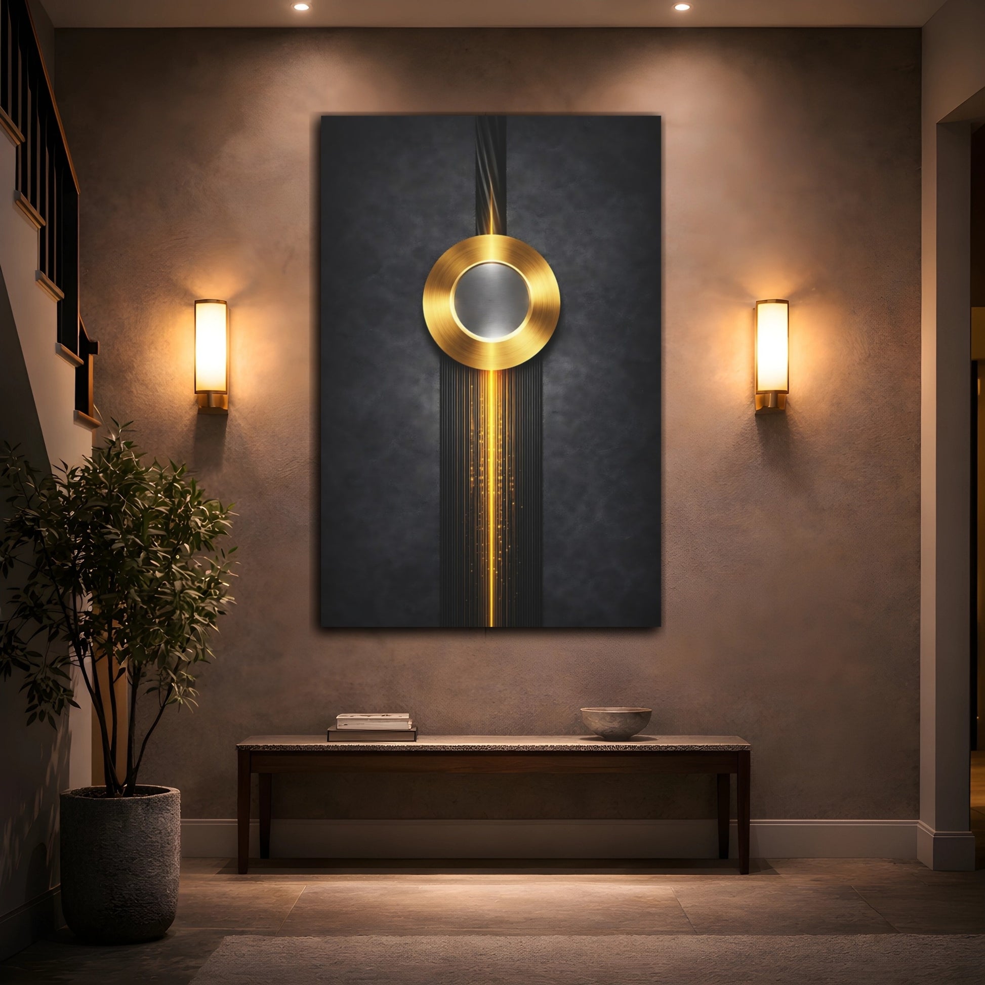 Mockup 3. Abstract Golden Circle Black And Gold shown as stretched canvas wall art