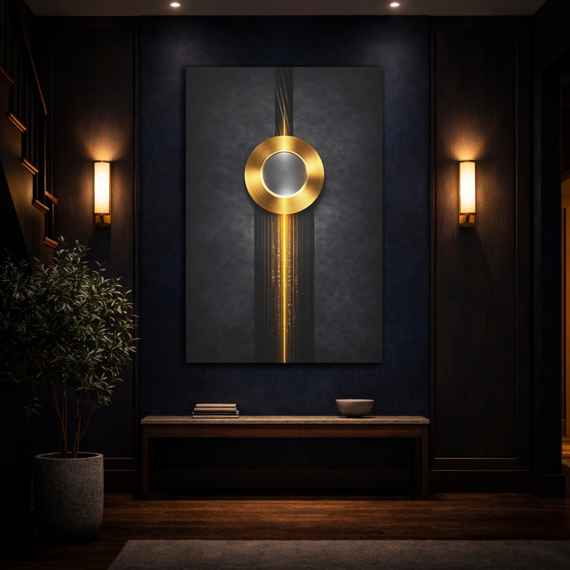 Mockup 4. Abstract Golden Circle Black And Gold shown as stretched canvas wall art
