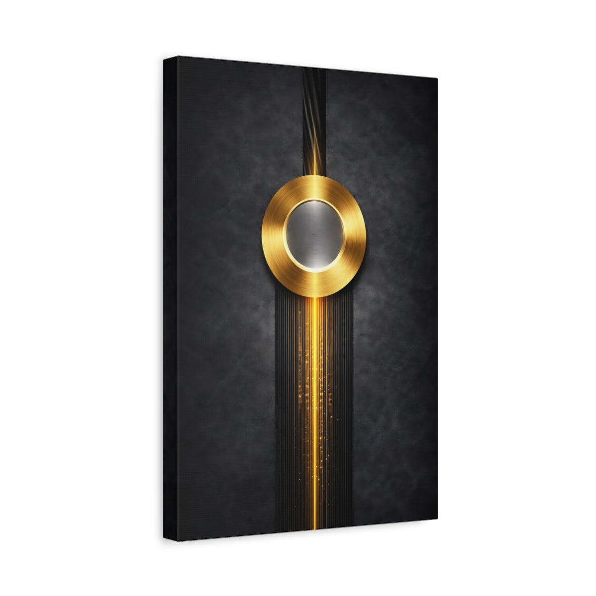 Side Mockup 4. Abstract Golden Circle Black And Gold shown as stretched canvas wall art