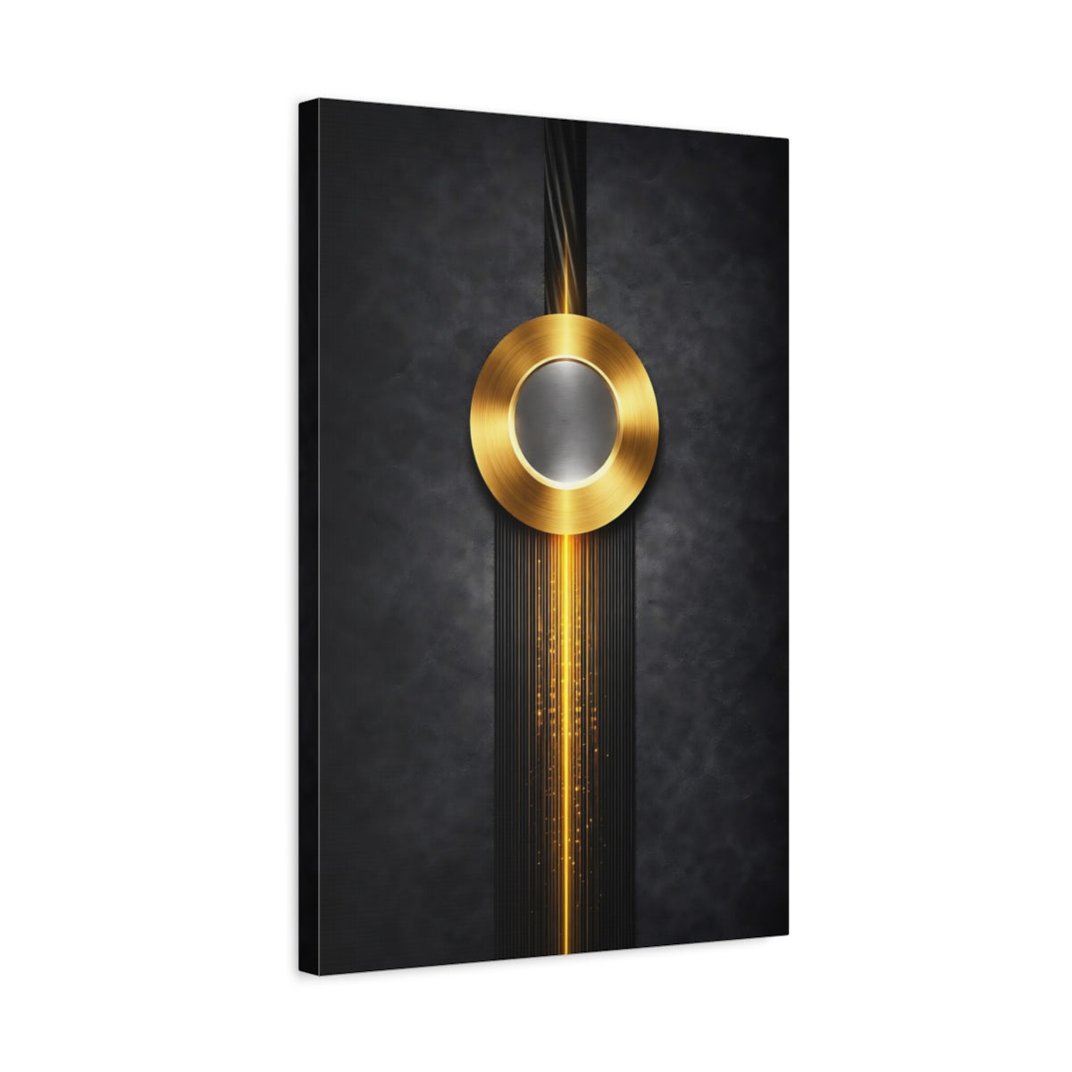 Side Mockup 3. Abstract Golden Circle Black And Gold shown as stretched canvas wall art