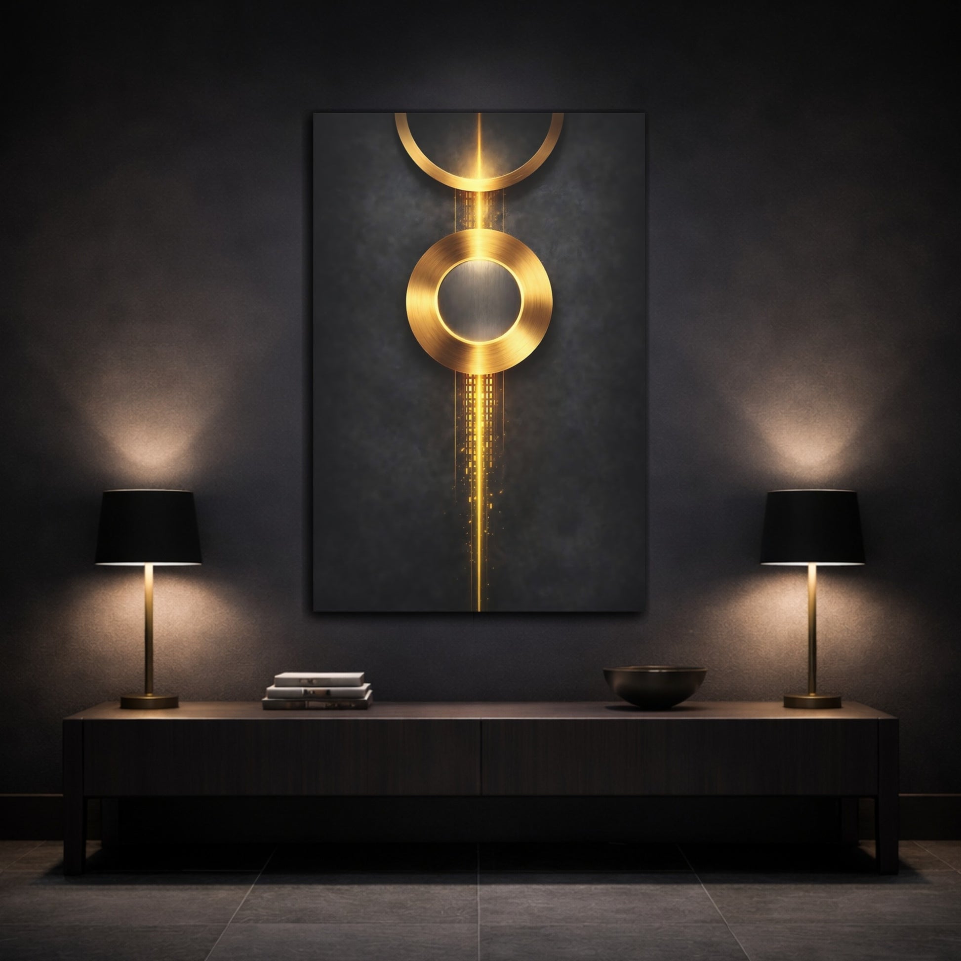 Mockup 2. Abstract Golden Circles Golden Abstract shown as stretched canvas wall art