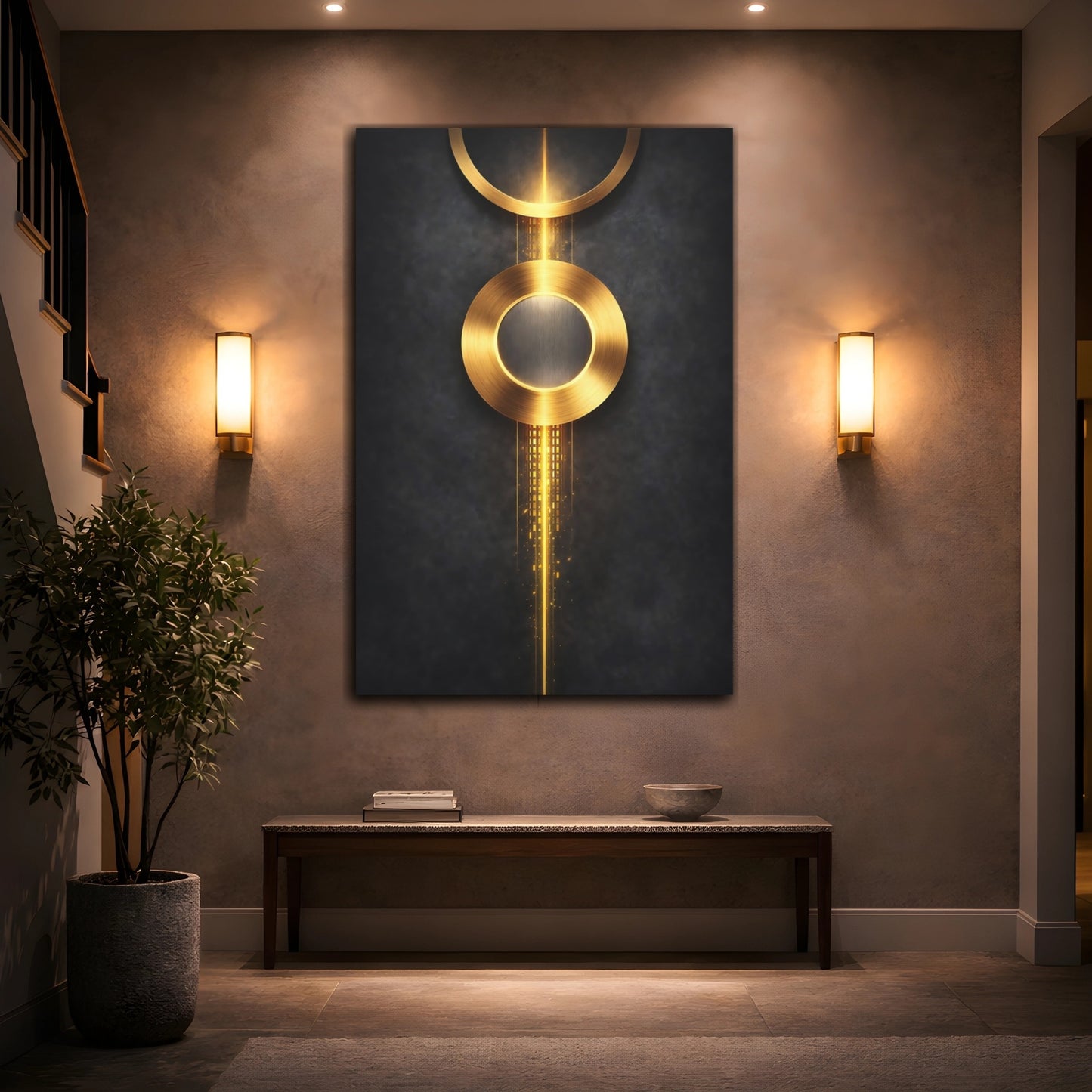 Mockup 3. Abstract Golden Circles Golden Abstract shown as stretched canvas wall art