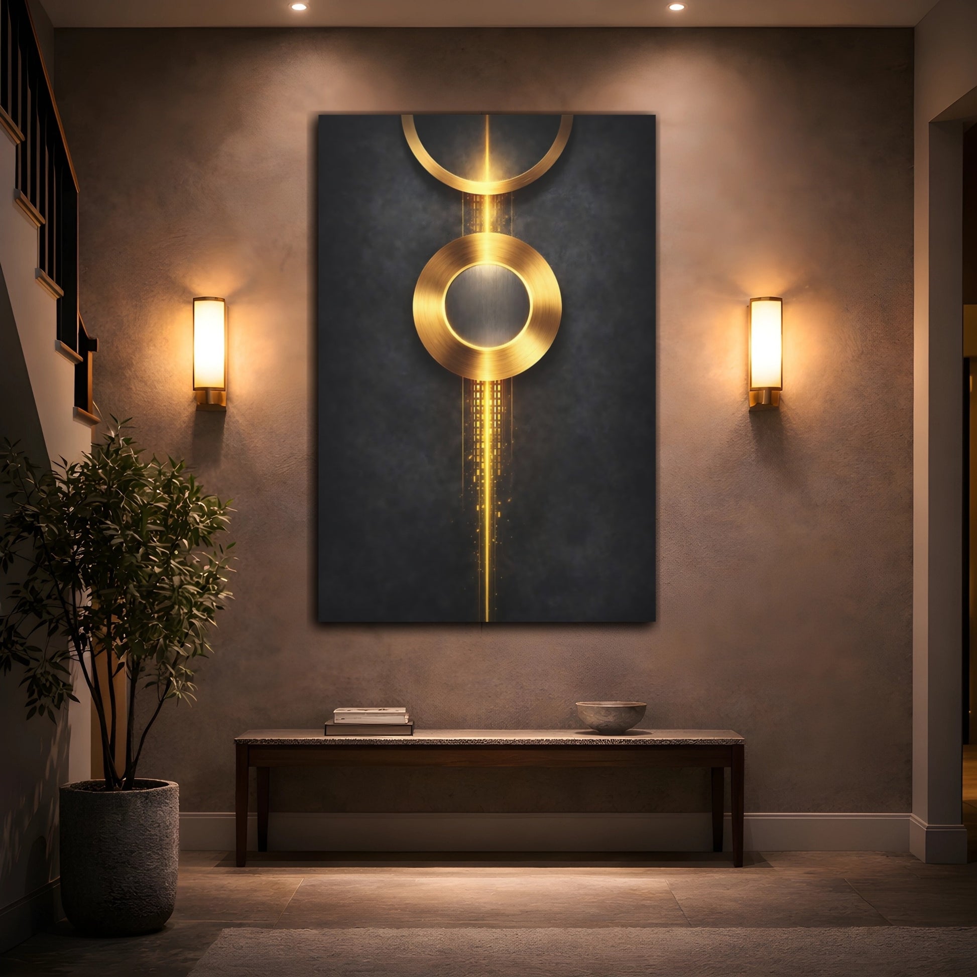 Mockup 3. Abstract Golden Circles Golden Abstract shown as stretched canvas wall art
