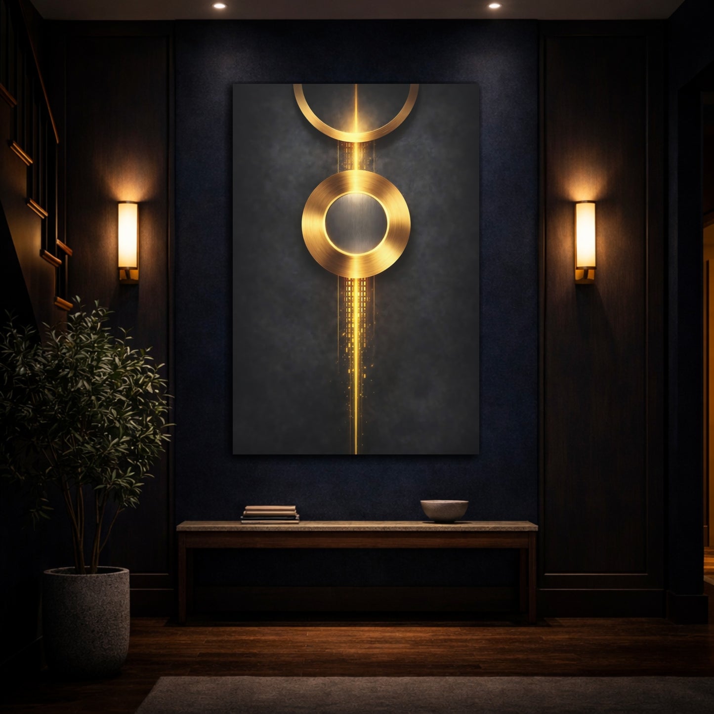Mockup 4. Abstract Golden Circles Golden Abstract shown as stretched canvas wall art