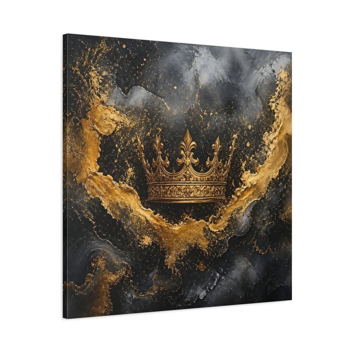 Main Mockup. Abstract Golden Crown Black And Gold shown as stretched canvas wall art