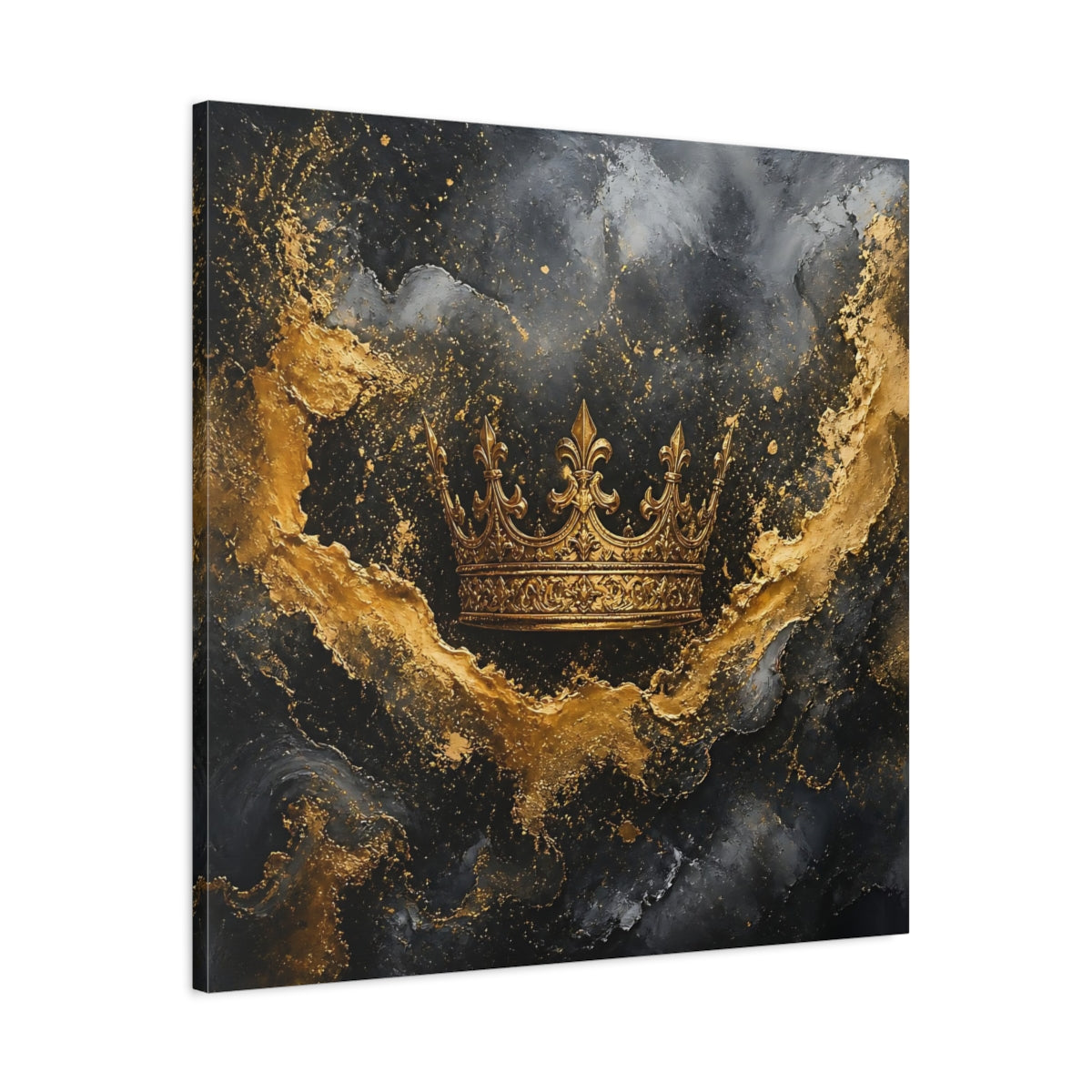 Side Mockup 3. Abstract Golden Crown Black And Gold shown as stretched canvas wall art
