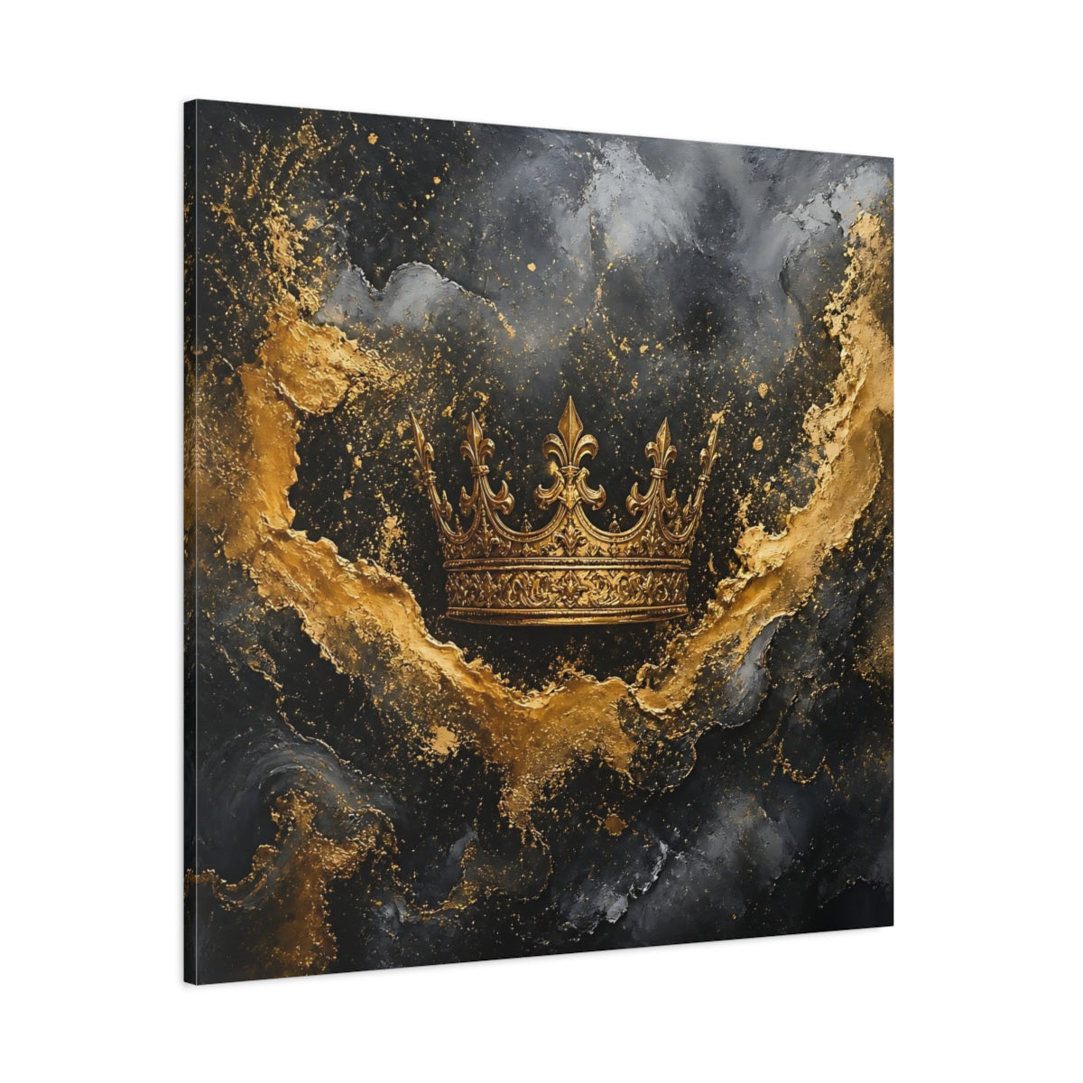 Side Mockup 1. Abstract Golden Crown Black And Gold shown as stretched canvas wall art