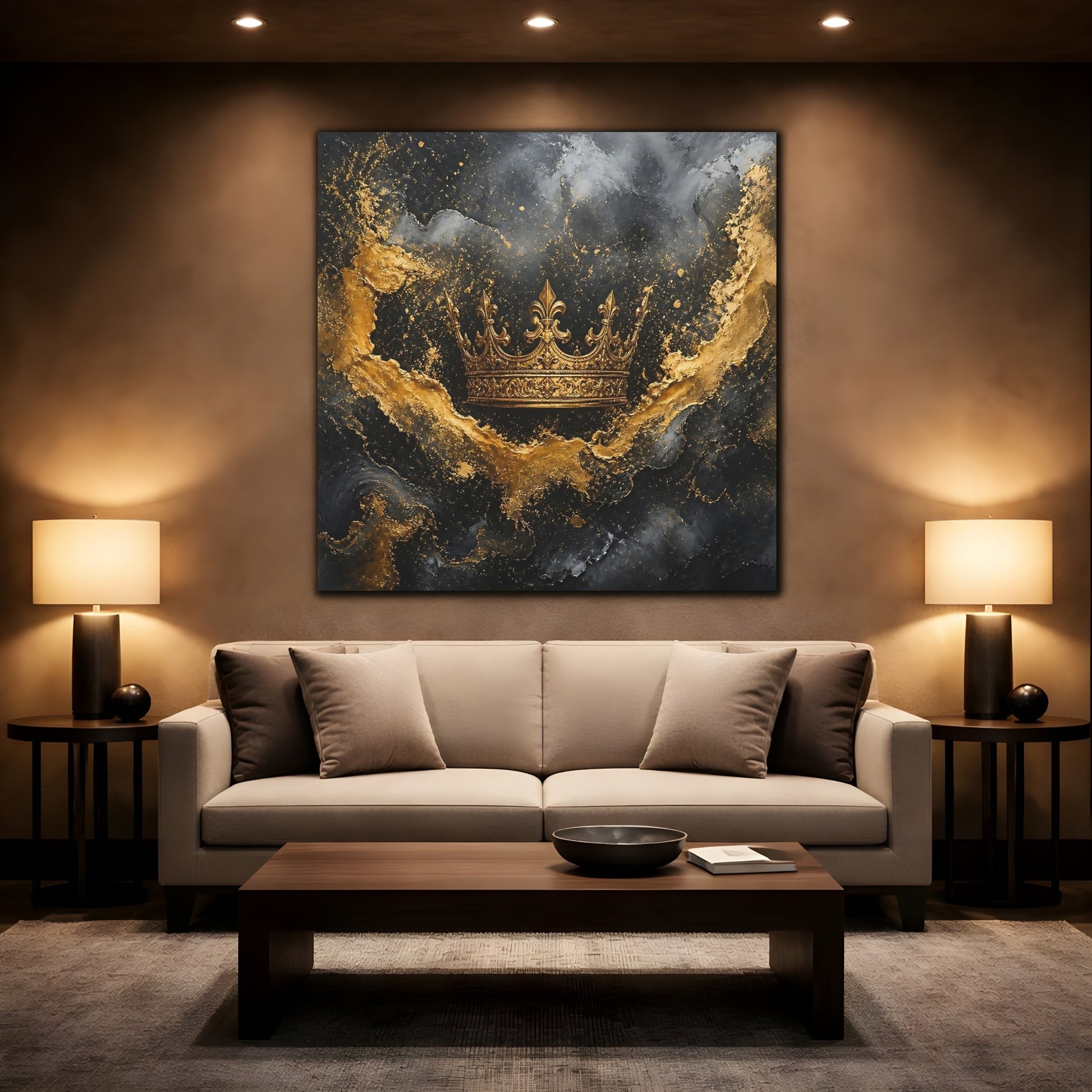 Mockup 2. Abstract Golden Crown Black And Gold shown as stretched canvas wall art