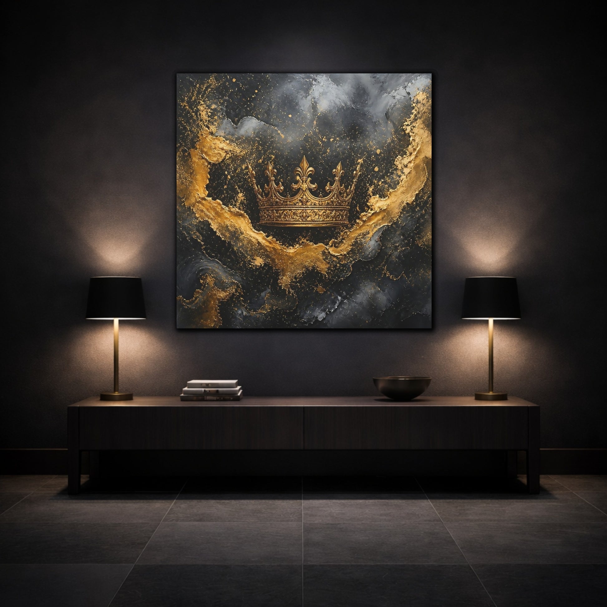 Mockup 3. Abstract Golden Crown Black And Gold shown as stretched canvas wall art